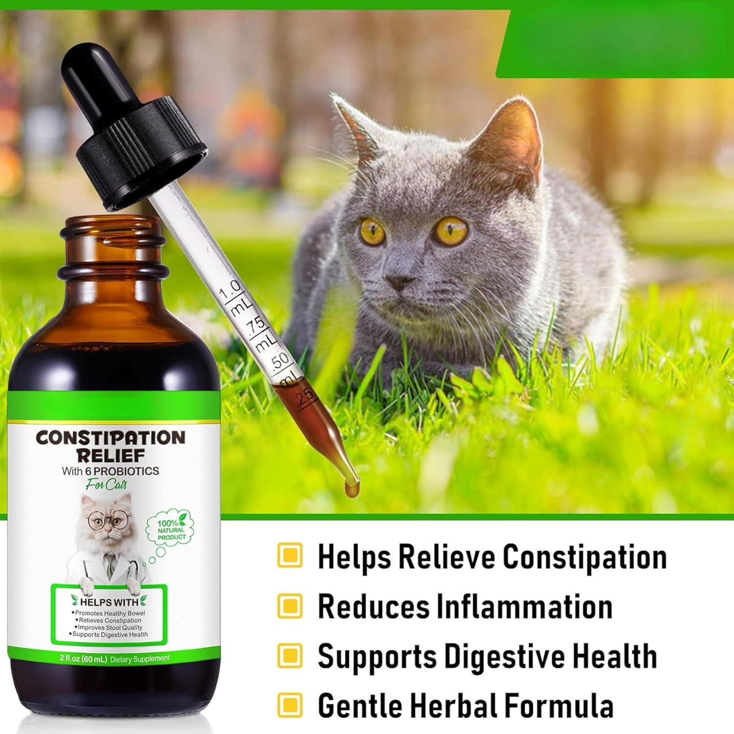 Cat Constipation Relief Drops 60Ml | 100% Natural Cat Laxative with 6 Probiotics | Effective Stool Softener for Cats | Promotes Digestive Health | Chicken Flavour image number 1