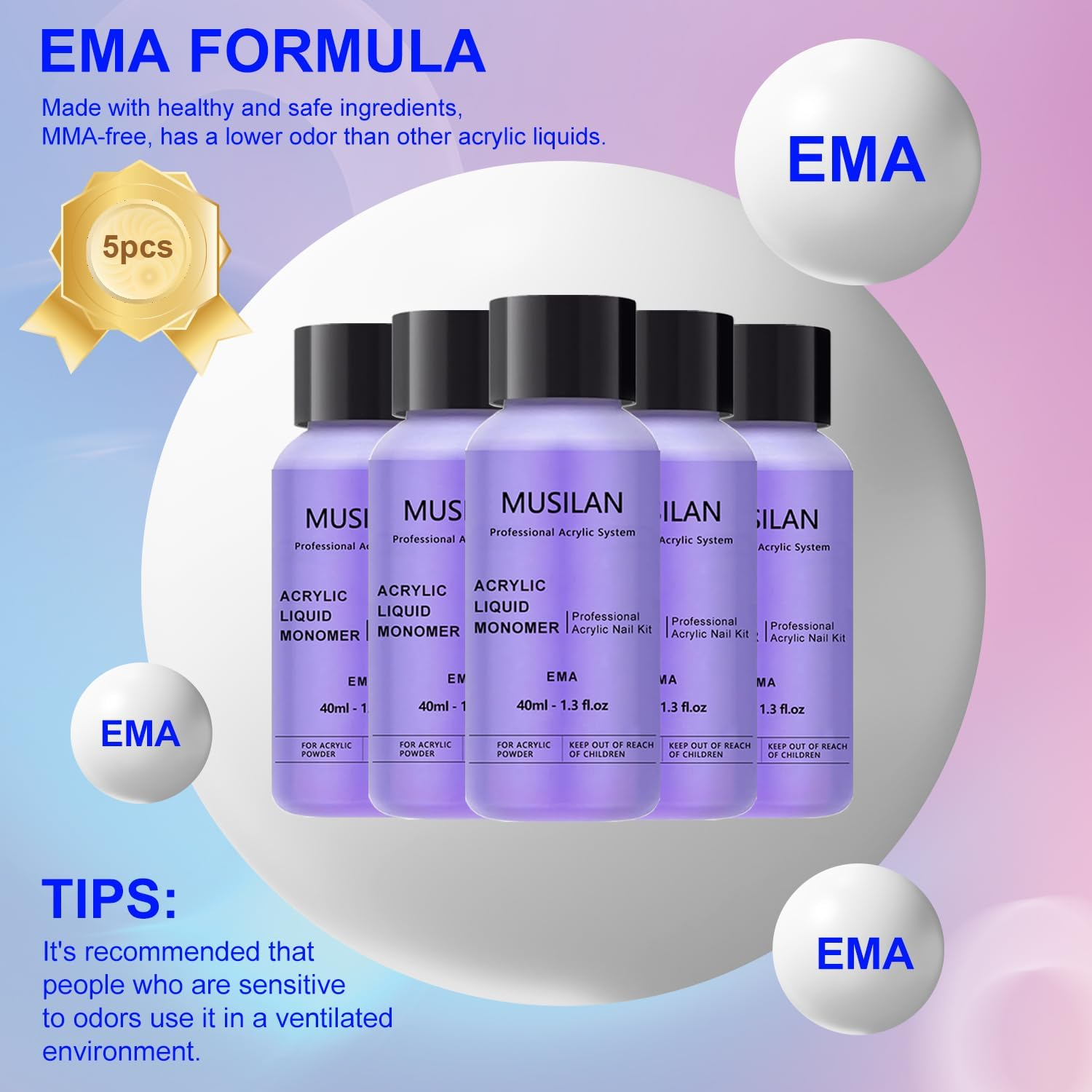 MUSILAN Monomer Acrylic Nail Liquid 5PCS 40Ml/1.3Fl.Oz,Professional Acrylic Liquid Monomer for Acrylic Nails Powder Nails Extension for Nail Art Manicure Diy,Non-Yellowing Monomer-Acrylic Nail Liquid Acrylic Nail Kit image number 1