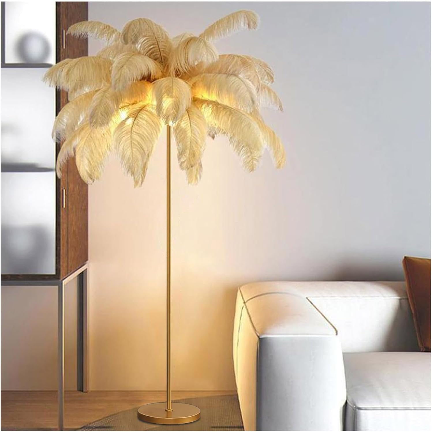 Anram Ostrich Feather Floor Lamp,Feather Standing Lamp Dimmable G4-LED Bulb Golden Lamp Body for Living Room Bedroom 160Cm Tall Reading Light