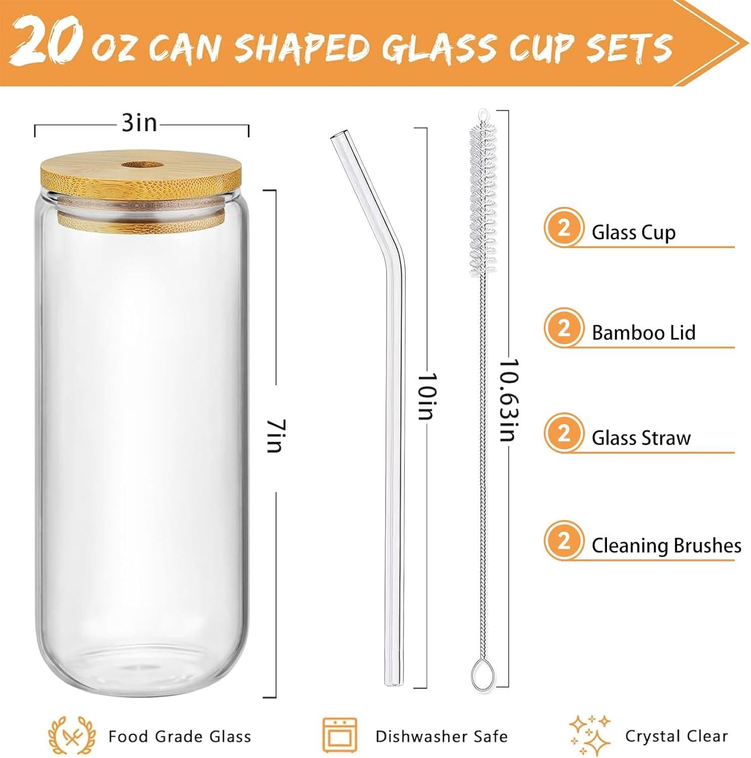 20 Oz Drinking Glasses with Bamboo Lids and Straws 2 Pack, Glass Coffee Cups,Glass Tumbler for Smoothie,Cocktail,Whiskey,Soda,Matcha-2 Glasses Straw 2 Brush image number 4
