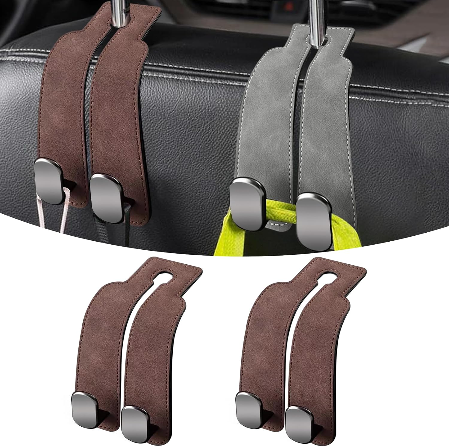 2 Pack Car Bag Hook,Car Seat Back Storage Hook for Headrest,Car Accessories Interior,Multifunctional Car Headrest Hanger with Metal Hooks for Purses,Handbags,Mobile Phone (Brown) image number 2