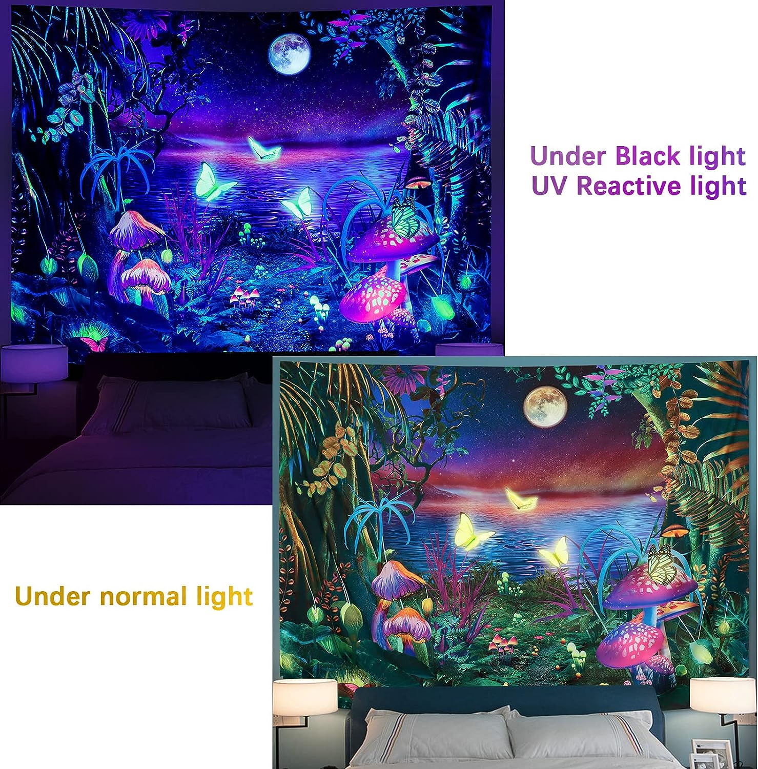 Serborlur Fantasy Forest Tapestry UV Reactive Butterfly Tapestries Galaxy Space Tapestry Wall Hanging for Bedroom Living Room (51.2 &times; 59.1 Inches)