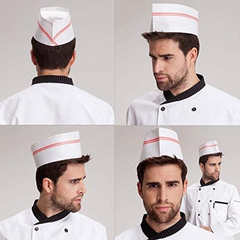 40 PCS Disposable Soda Jerk Paper Cap Chef Hat Retro Diner Food for Theme Restaurant Party with Red or Brown Strip (Red)
