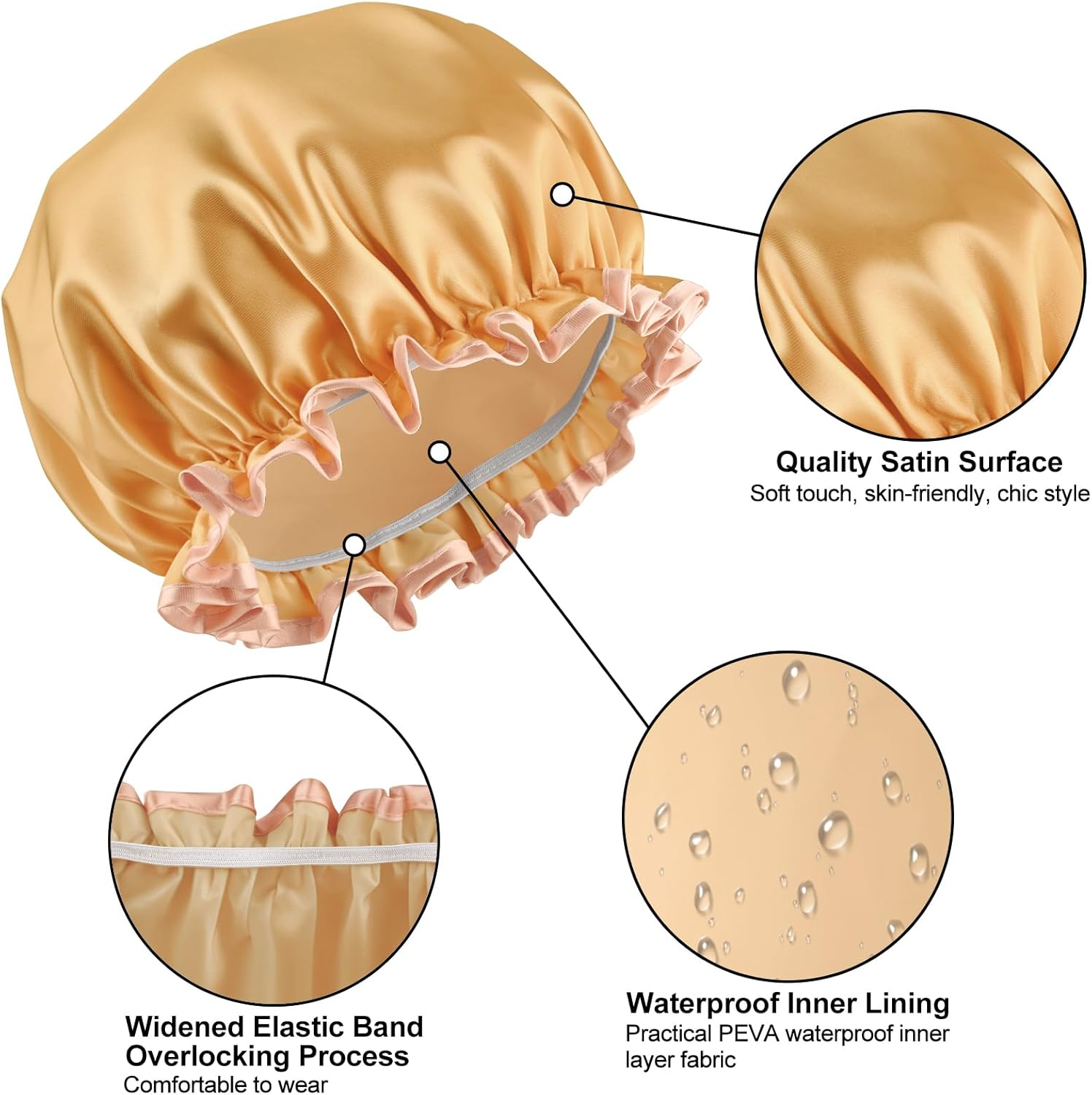 Double Layer Waterproof Shower Cap with Elastic Band, Reusable Bath Cap for Women -Large Waterproof Plastic Shower Hat for Long, Short and Curly Hairs Spa Salon (Champagne)