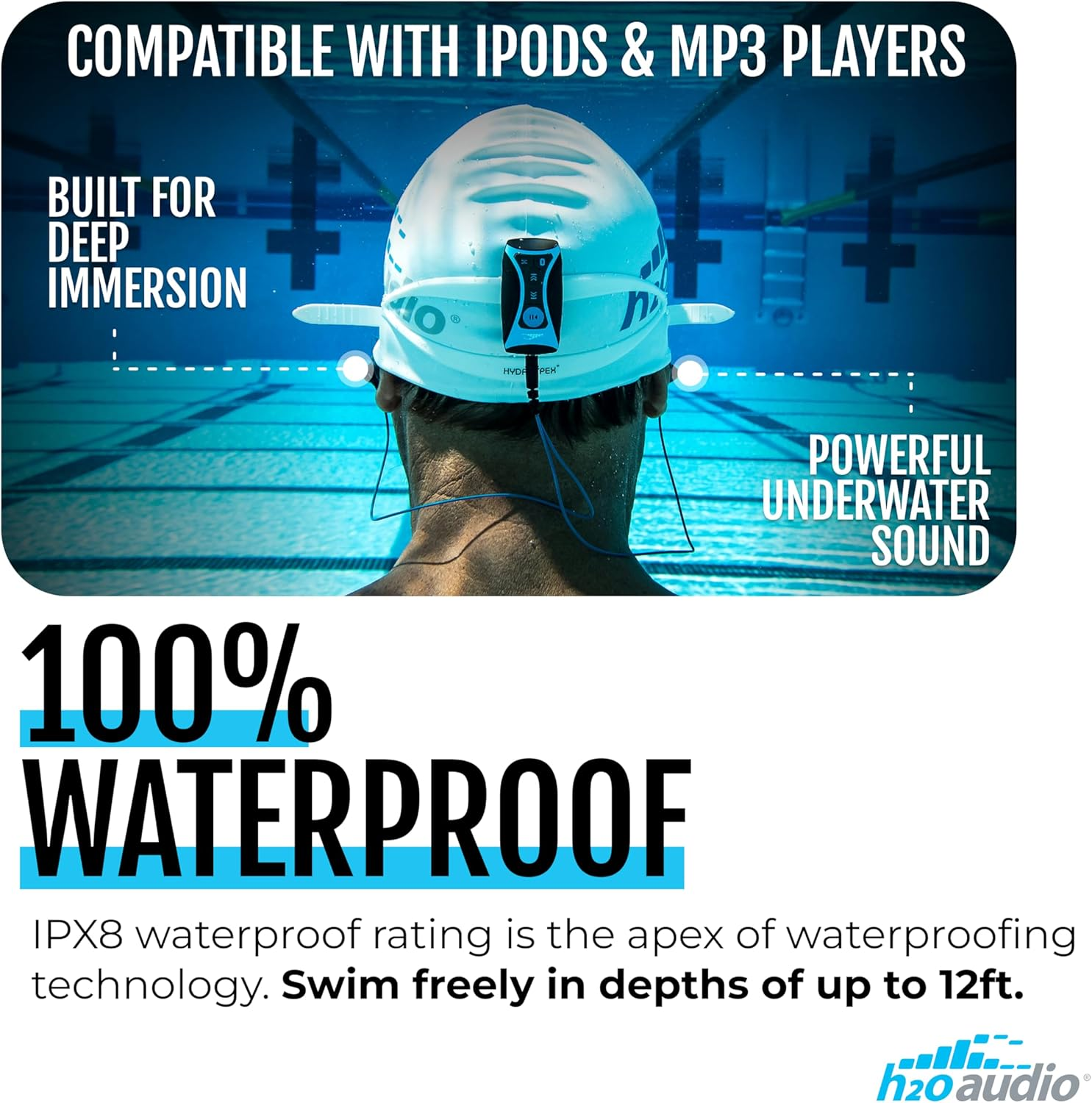 H2O Audio Surge S+ Waterproof Sport Headphones, (Short Cord Design) &ndash; In-Ear Sweatproof Earbuds for Swimming, Running, Cycling &ndash; IPX8 Waterproof, Compatible with Ipods & MP3 Players