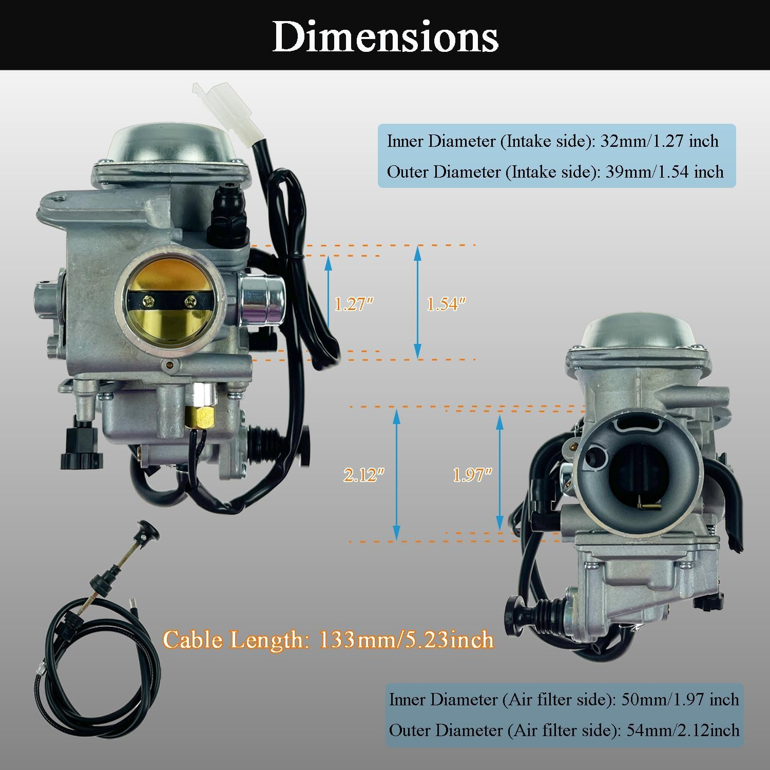 TRX350 Carburetor Kit Fits for Honda Rancher 350 2000-2006 TRX350TM TRX350TE TRX350ES TRX350FE TRX350FM Fourtrax 300 TRX450 Foreman 4 Stroke ATV with Oil Air Filter Choke Cable (Male Plug) image number 5