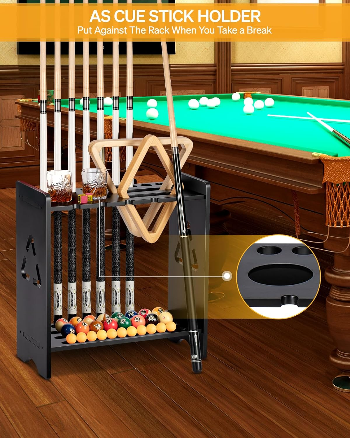 Pool Cue Stick Holder - Floor Stand Billiards Rack Oak Solid Wooden Holds 9 Cues and Pool Table Accessories Organizer image number 1