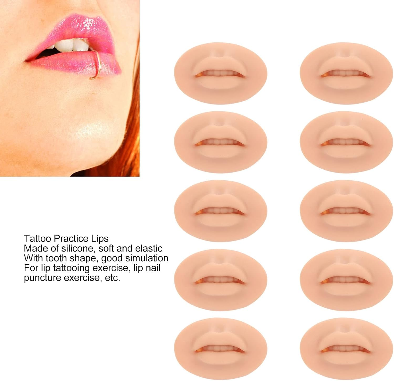 10 Pieces 3D Tattoo Practice Lips Soft Silicone Realistic Tattoo Fake Skin for Semi-Permanent Makeup Microblading Lip Training Kit (Tone image number 4