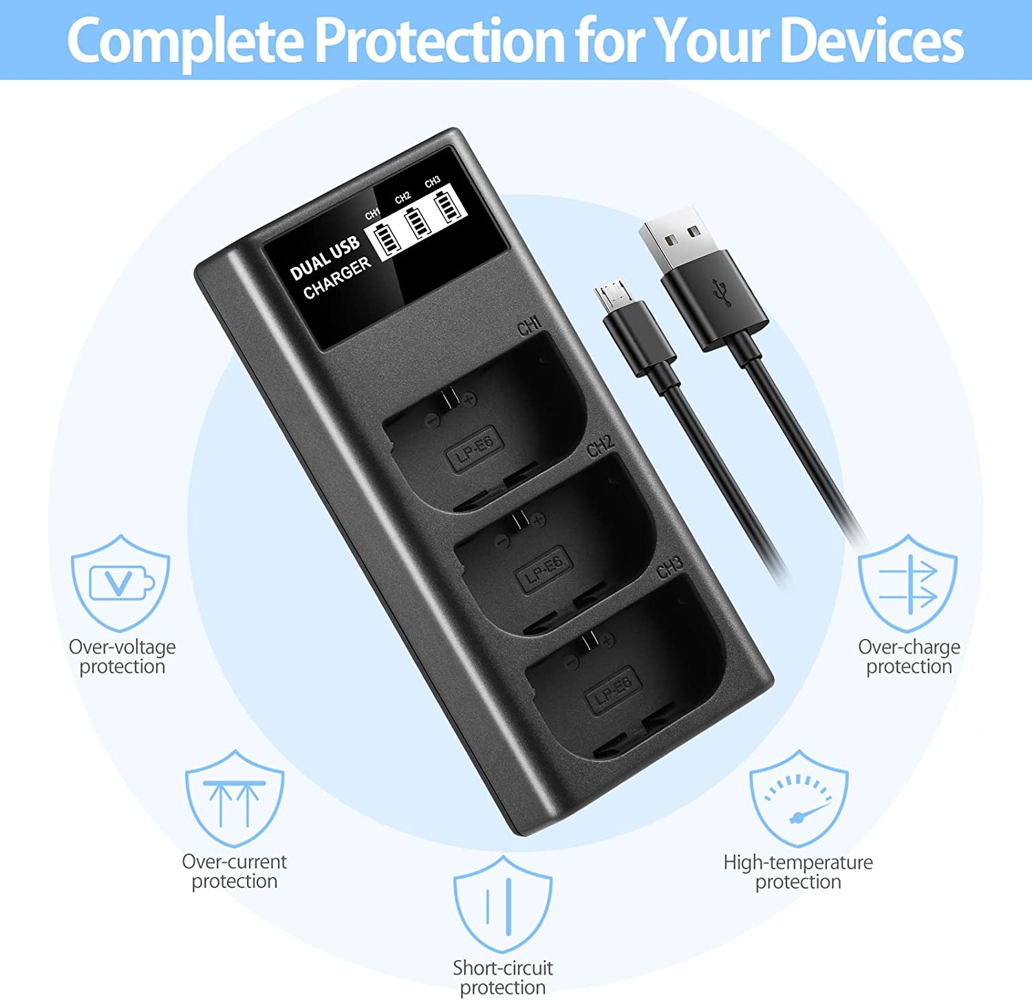 ENEGON LP-E6 Triple Slot Charger for Canon LP-E6, LP-E6N and Canon EOS 5D Mark II/III/IV, 5DS, 5DSR, 6D, 7D, 7D Mark II, 60D, 70D and More image number 4