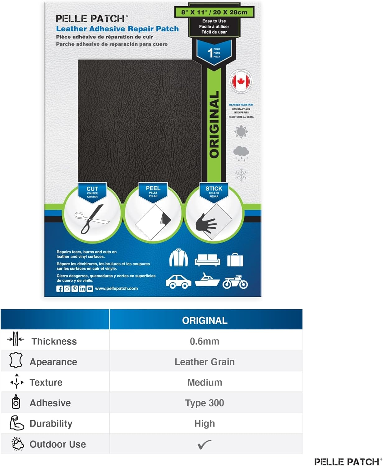 Pelle Patch - Black Leather Patch Car Seat Repair Kit - 25 Colors Available - Original 8X11 - Black image number 2