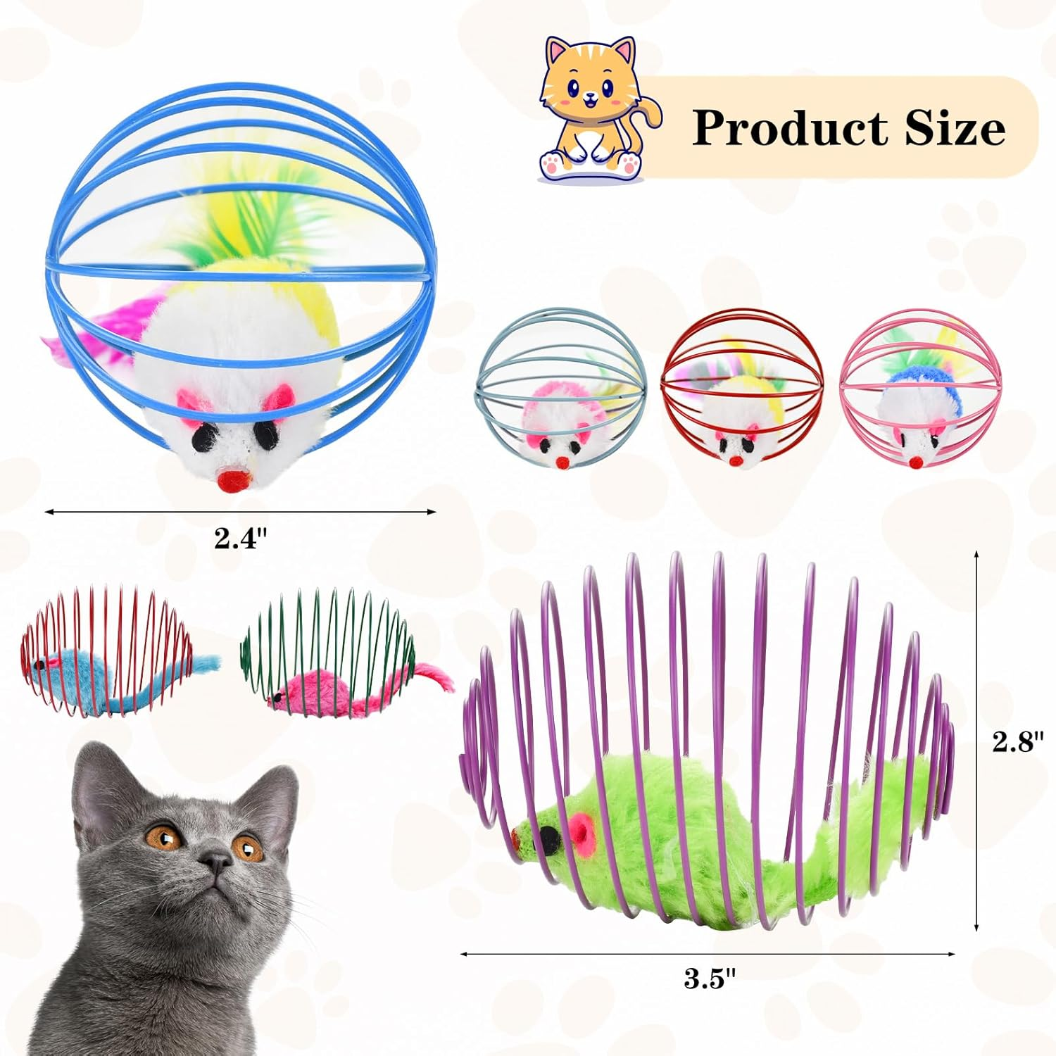 Cooshou Cat Interactive Bouncy Toy Balls Set Metal Cage Balls with Mice Spring Toy Balls for Cats Kittens Colorful Cat Teaser Ball with Mouse for Indoor Cats (10 PCS)