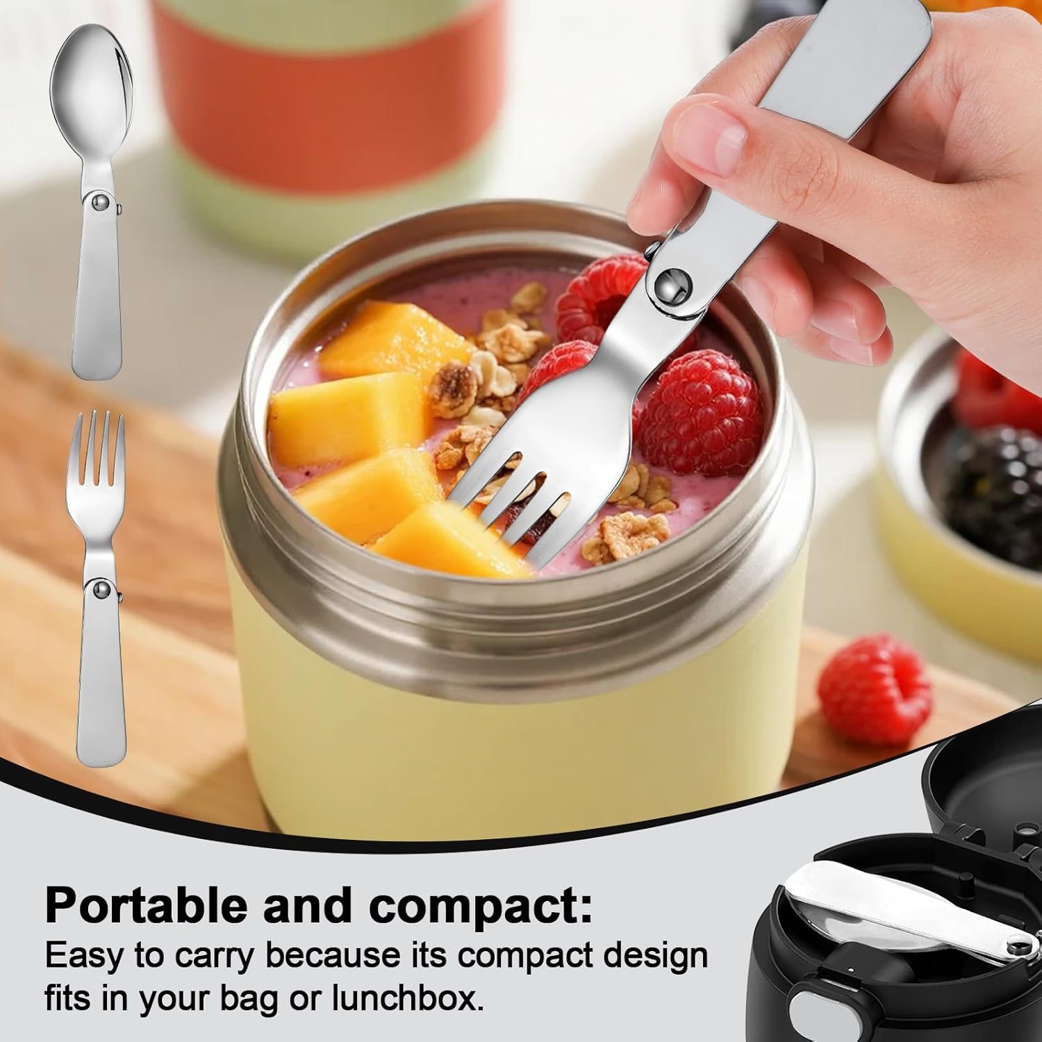 3Pcs Folding Spoon & 3Pcs Folding Forks for Thermos Funtainer 10Oz Food Jar, Stainless Steel Portable Replacement Utensils for Travel Camping Picnic Outdoor Activities image number 4