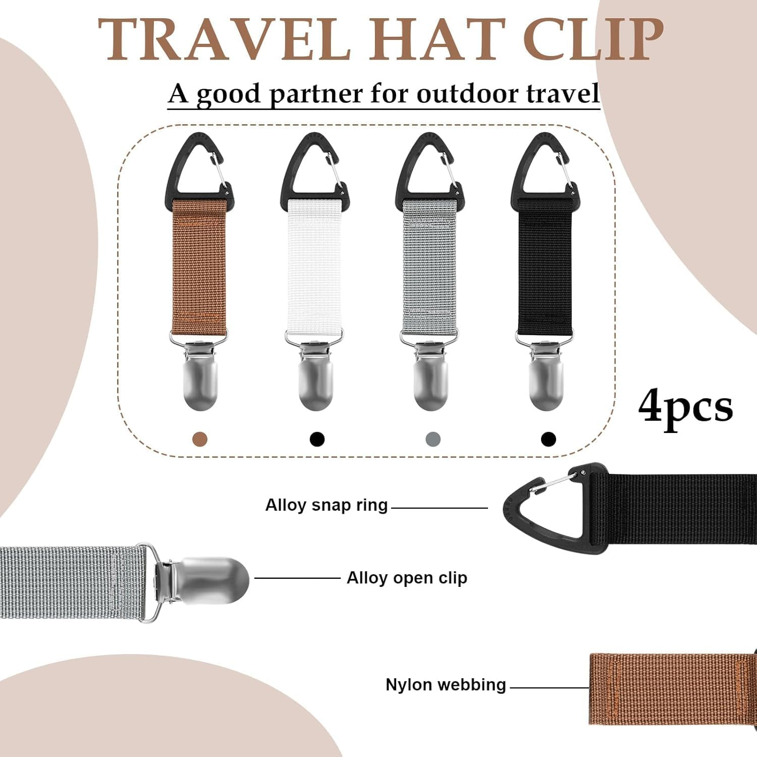 KEEPALOVE 4 Pcs Hat Clip for Travel on Bag, Elastic Hat Holder for Travel, Travel Hat Clip for Sunhat, Luggage, Bag, Handbag Backpack Luggage, Backpack, Purse, Outdoor Accessory for Women Men Black image number 1