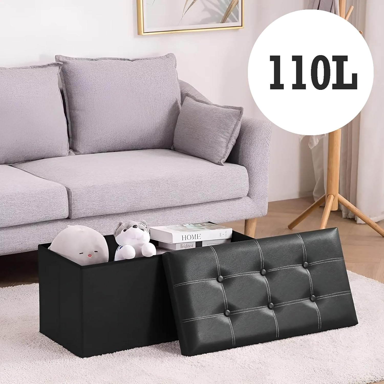 MEMOCASTLE Folding Storage Ottoman: 38X76X38Cm Black Synthetic Leather - 110L Capacity, Quick Assembly for Living Room & Bedroom - Black image number 3