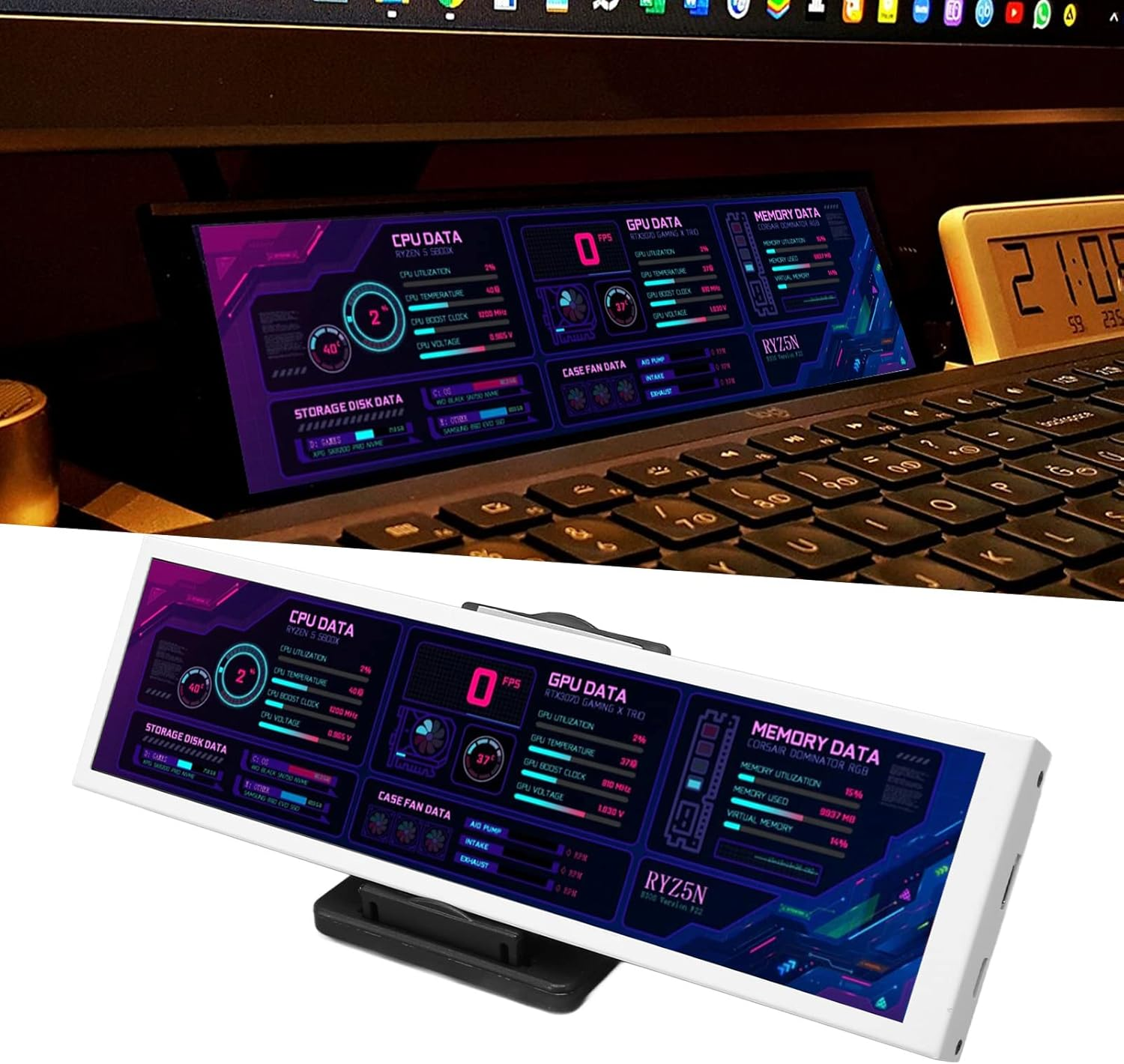 PC Temperature Monitor LCD Screen - 8.8 Inch 1920X480 IPS Secondary Display for ARGB Computer Case (White) image number 4
