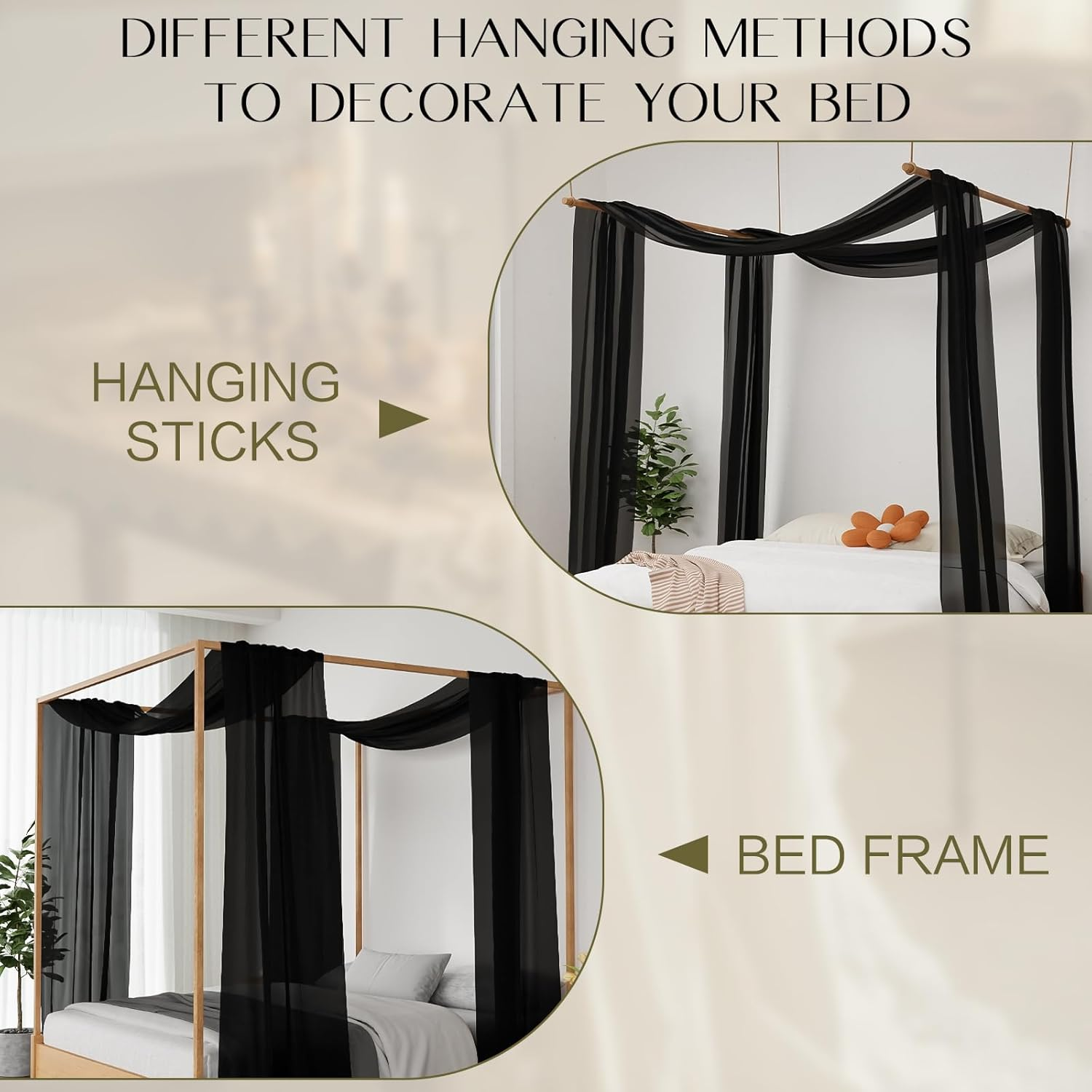 Canopy Bed Curtains - 2 Panel Curtains for Bed in 52 X 144 Inches Black Sheer Scarf Luxury Sheer Curtains for Adults Girls Room Decor(Twin,Black) image number 1