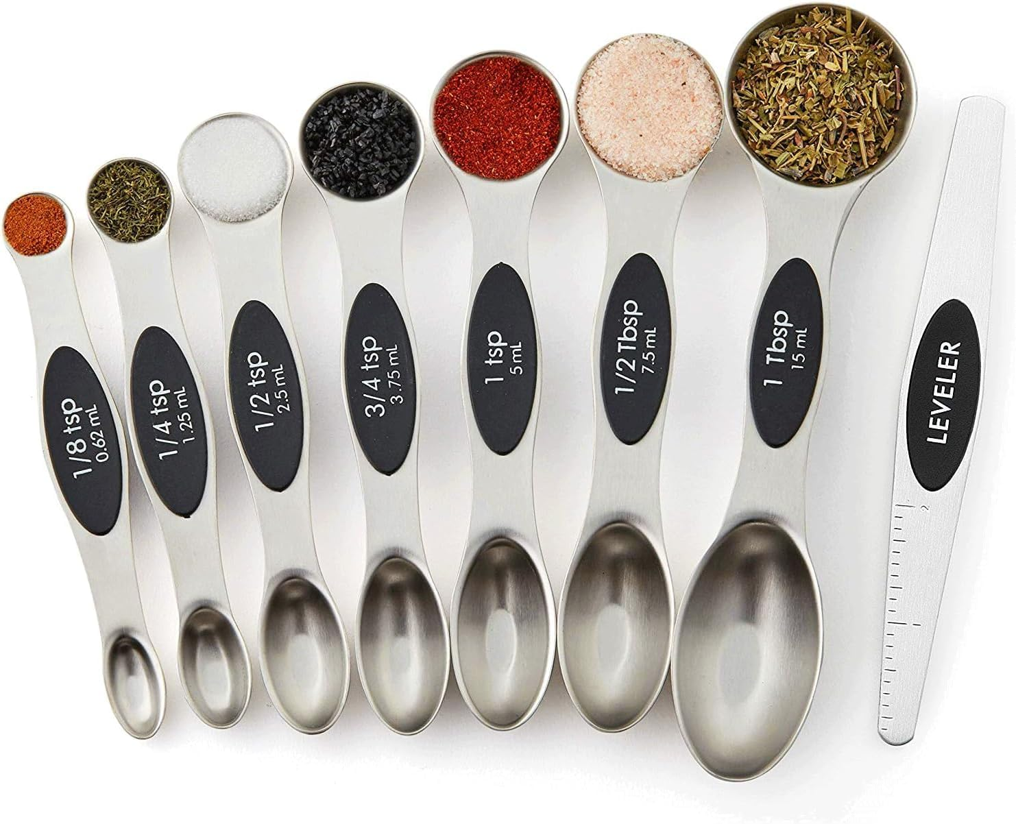 HEXPAN Stainless Steel Magnetic Measuring Spoons Set with Strong N45 Magnets, Heavy Duty Metal Kitchen Gadgets for Baking & Cooking, Fits in Most Kitchen Spice Jars, Set of 8 with Leveler (Color)