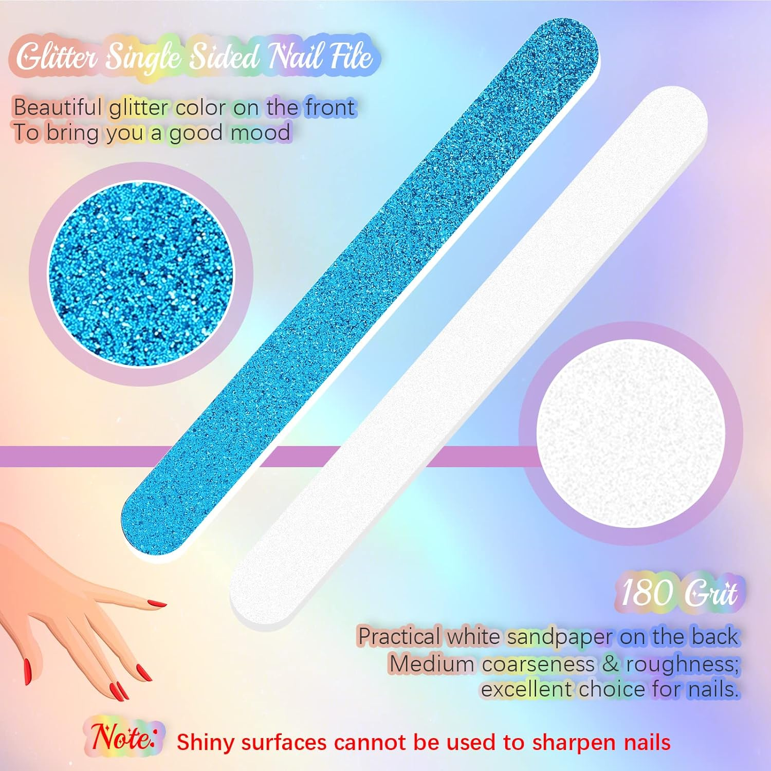 50 Pieces Glitter Nail File Colorful Strips Nail Bulk, Manicure and Pedicure Nail Buffers, Double Sided Filer for Women Shaping Smoothing Toenails and Fingernails image number 5