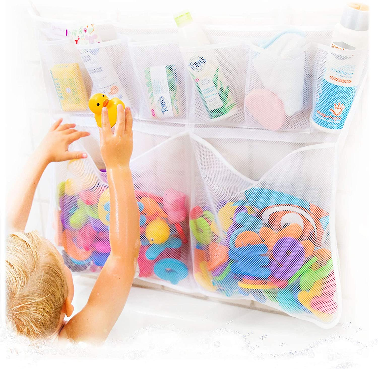 Tub Cubby Original Bath Toy Storage - Hanging Bath Toy Holder, with Suction & Adhesive Hooks, 30"X23" Mesh Net Shower Caddy for Kids Bathroom Decor, Bedroom Toy Organizer (Large