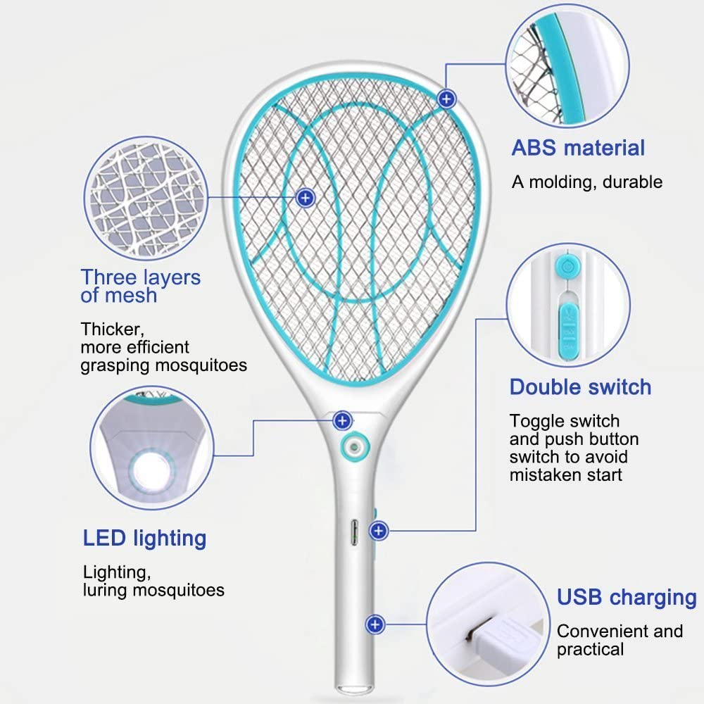 Night Cat Electric Mosquito Fly Swatter Bug Zapper Bat Racket, Pests Insects Control Killer Repellent, USB Rechargeable, LED Lighting, Double Layers Mesh Protection image number 2
