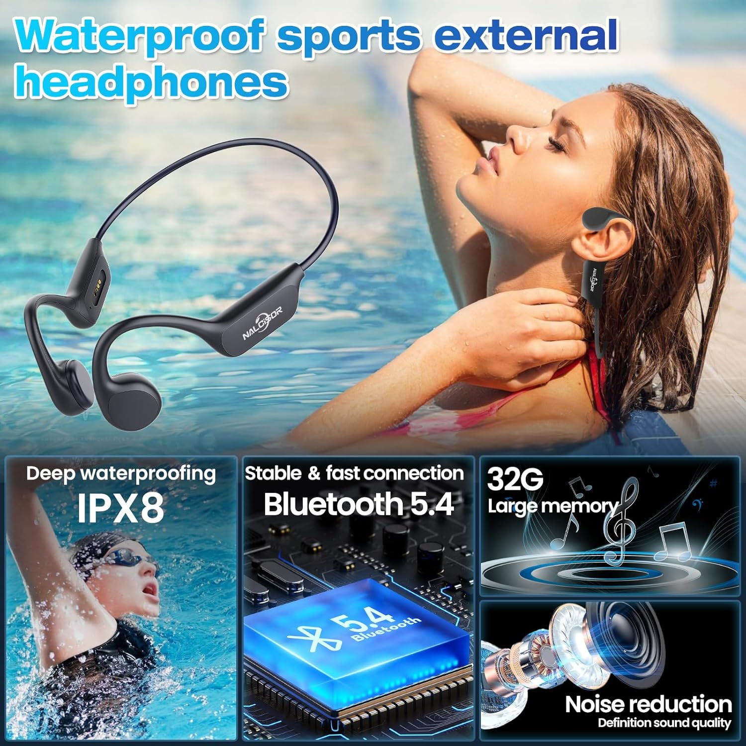 Swimming Headphones-Bone Conduction Headphones, Ipx8 Waterproof Built-In Mp3 Player 32G Memory, Underwater Swimming Headphone, Wireless Open Earphones Bluetooth 5.4, for Swimming,Running, Cycling image number 6
