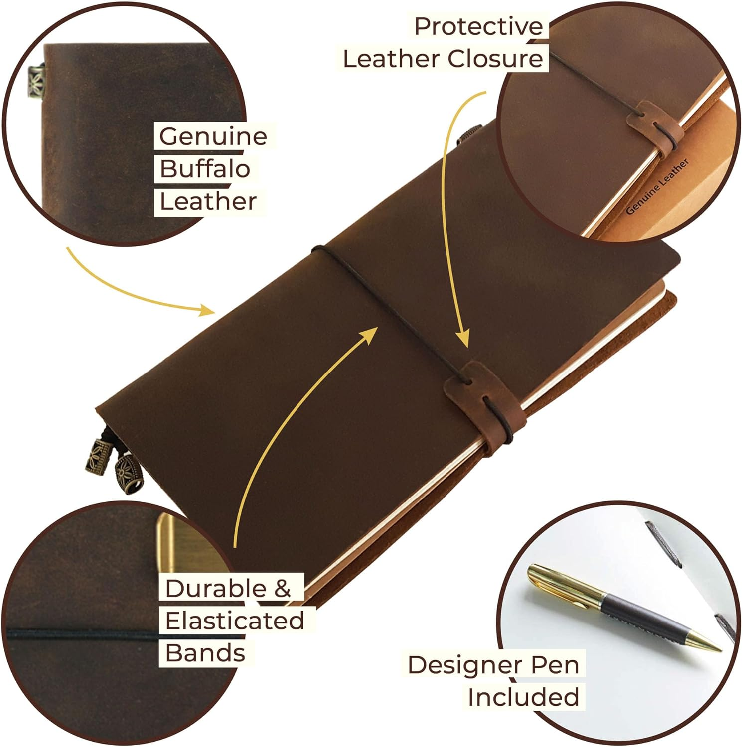 Refillable Leather Journal, Refillable Travellers Notebook for Men, Handmade Travelers Leather Travel Journal for Women, Vintage Antique Travel Diary Standard TN + Pen for Sketching