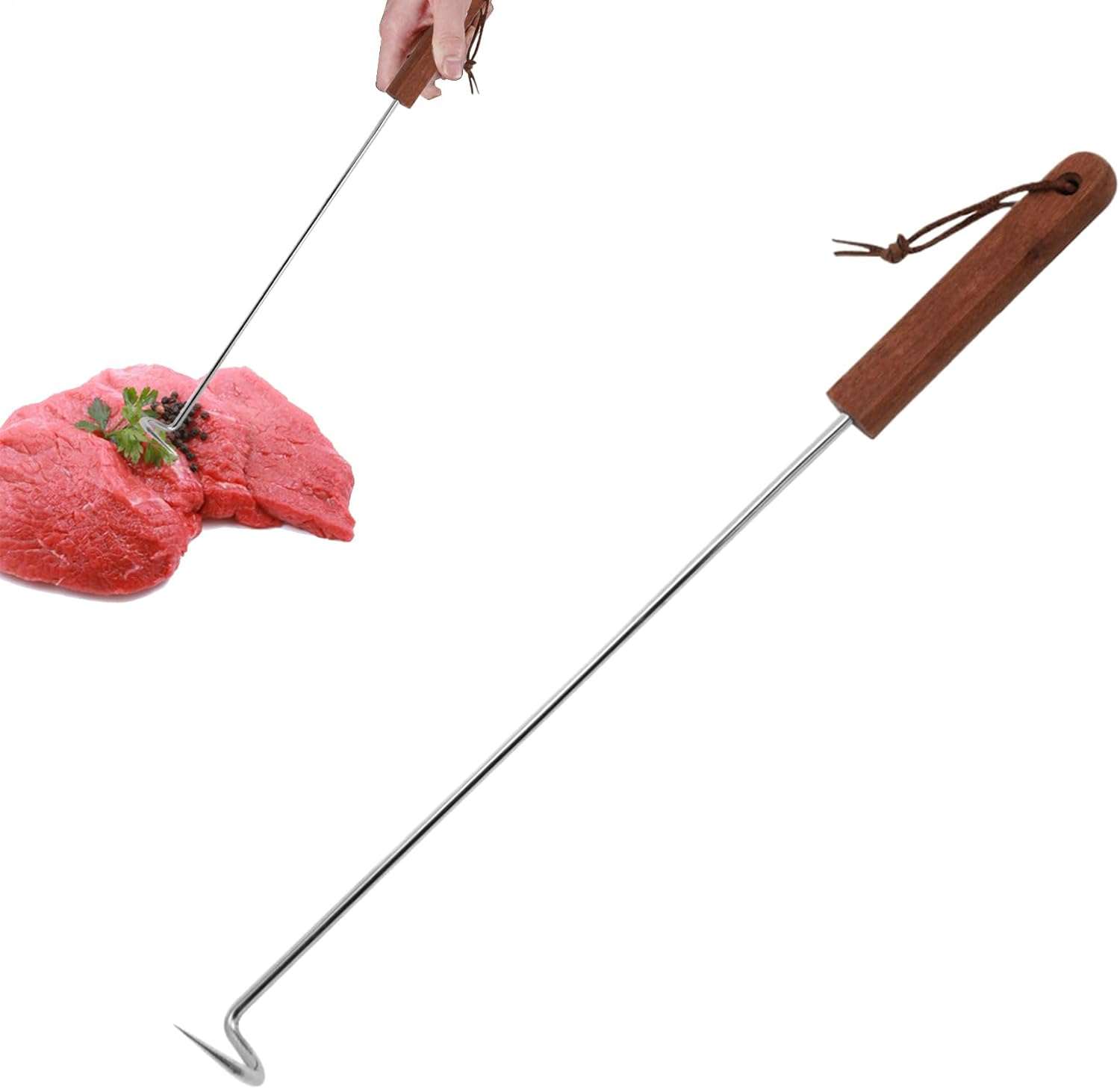 Meat Hook Flipper - Meat Turner Hook - Cooking Gadget, Food Twister with Wooden Handle for Grilling image number 5