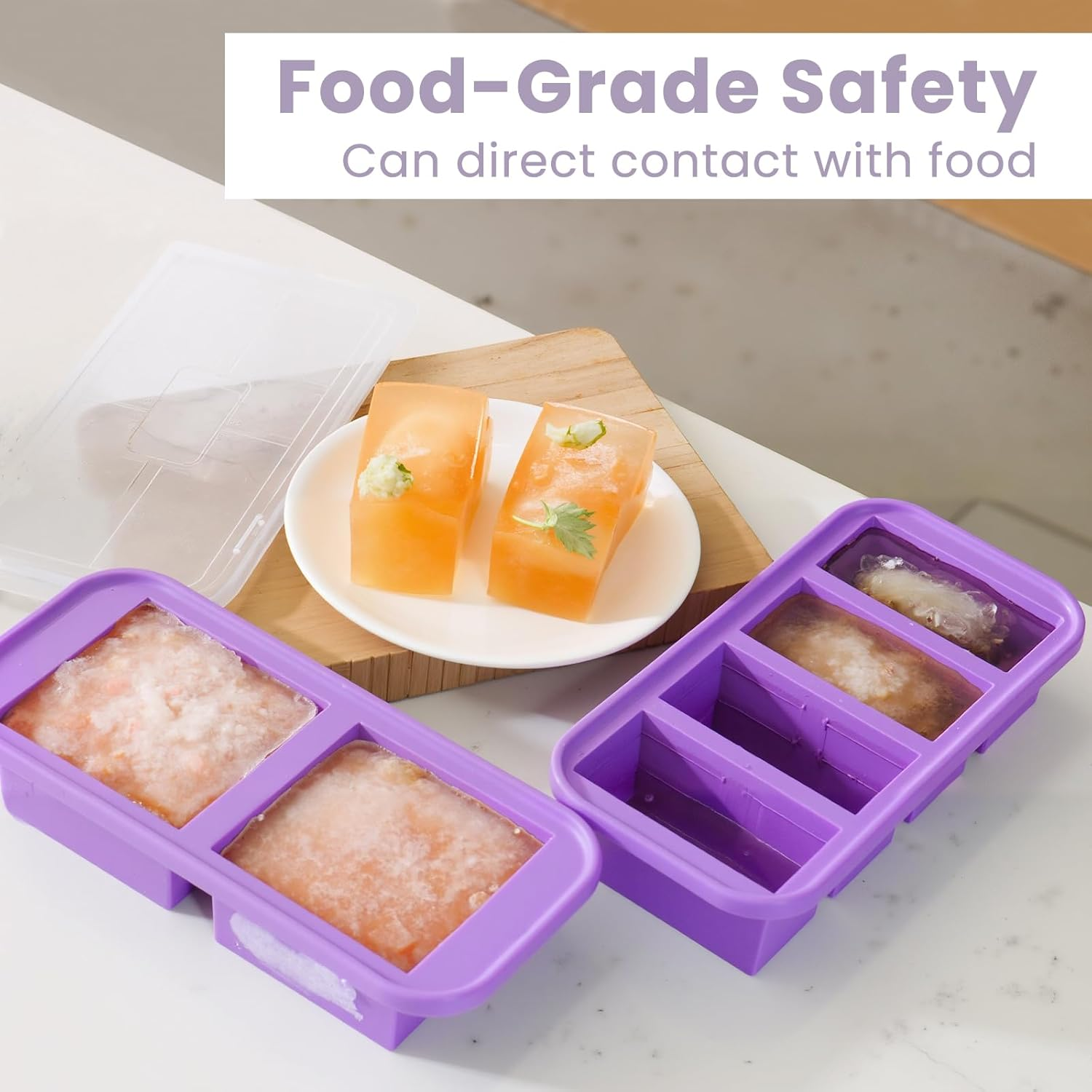 Dawntress Silicone Freezer Tray with Lid - 3Pack Soup Freeze Container Molds Gift Set, Kitchen Portion Food Storage for Freezing Sauce, Broth, Rice, Leftovers and Meal Prep, BPA Free - 1/2, 1, 2 Cup image number 4