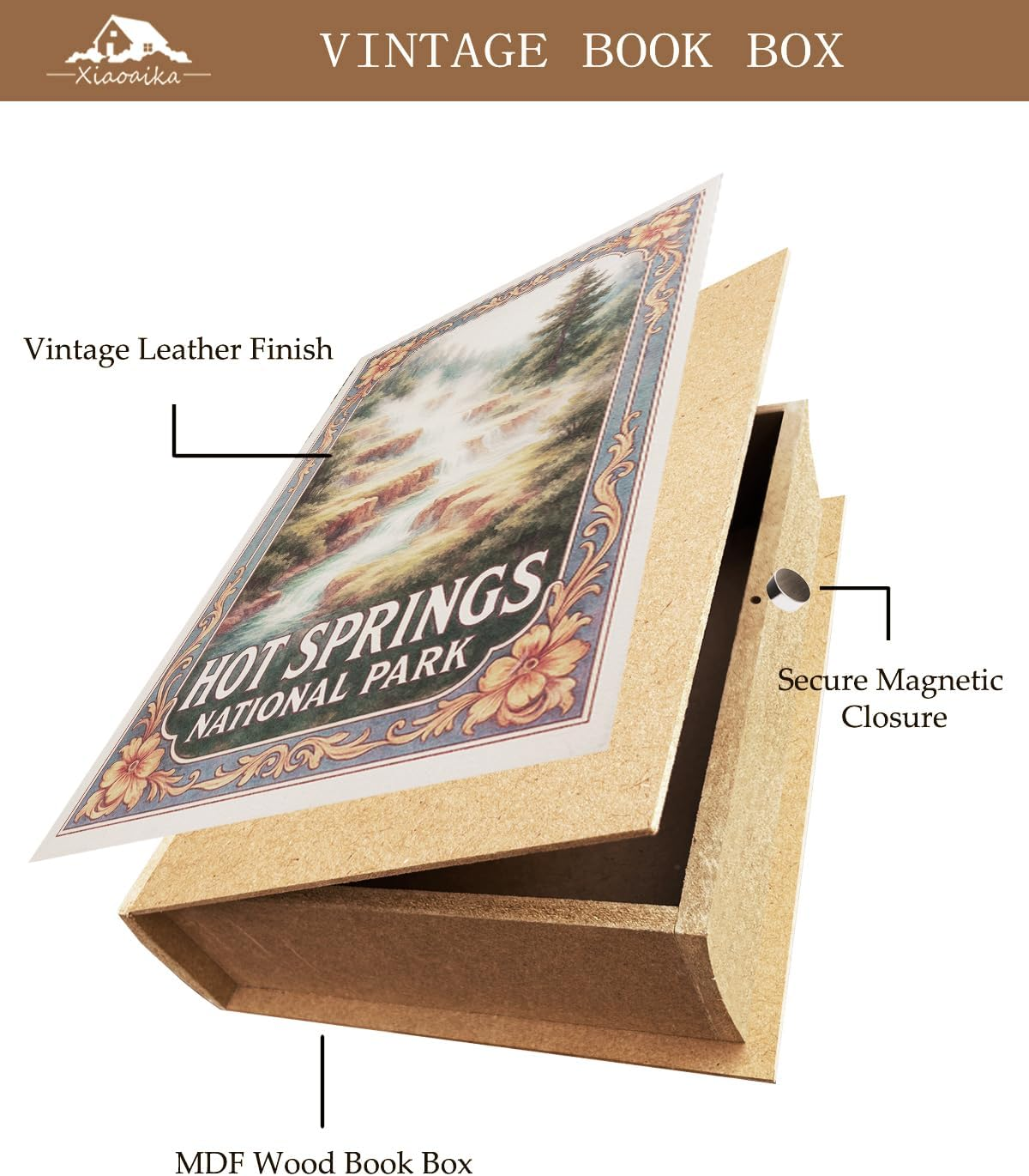 Decorative Wooden Book Box - Vintage Faux Book Boxes with National Park Design, Secret Storage with Magnetic Closure, Leather Cover, Perfect for Home Office Bookshelf (1 X Hot Springs) image number 3