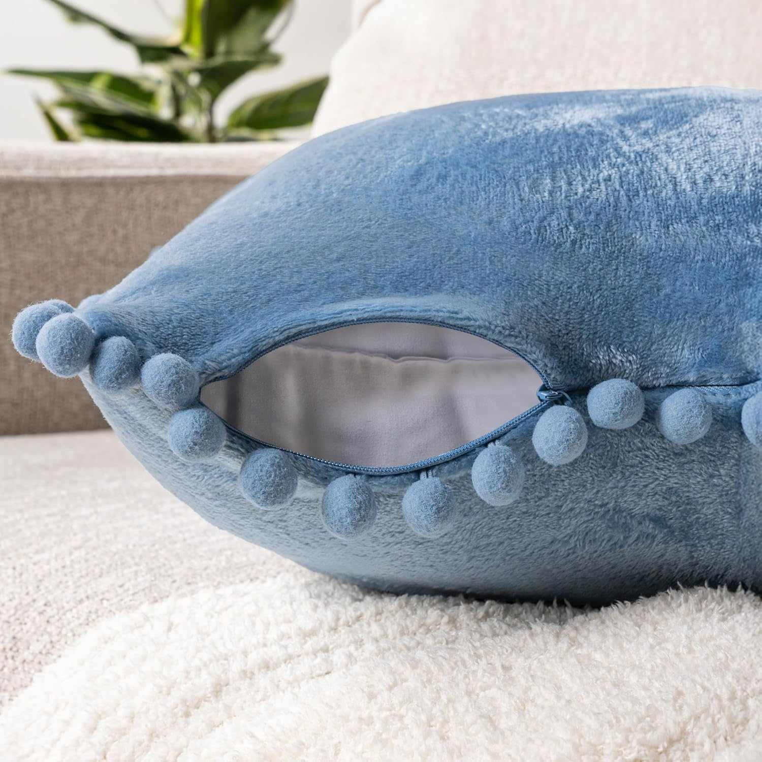 PAVILIA Dusty Blue Throw Pillow Covers Pom Pom 18X18 Set of 2, Decorative Pillow Cases Bed Sofa Couch, Boho Accent Decor Cushion Bedroom Living Room, Velvet Square Euro Sham Pompoms, Light Slate Blue image number 6