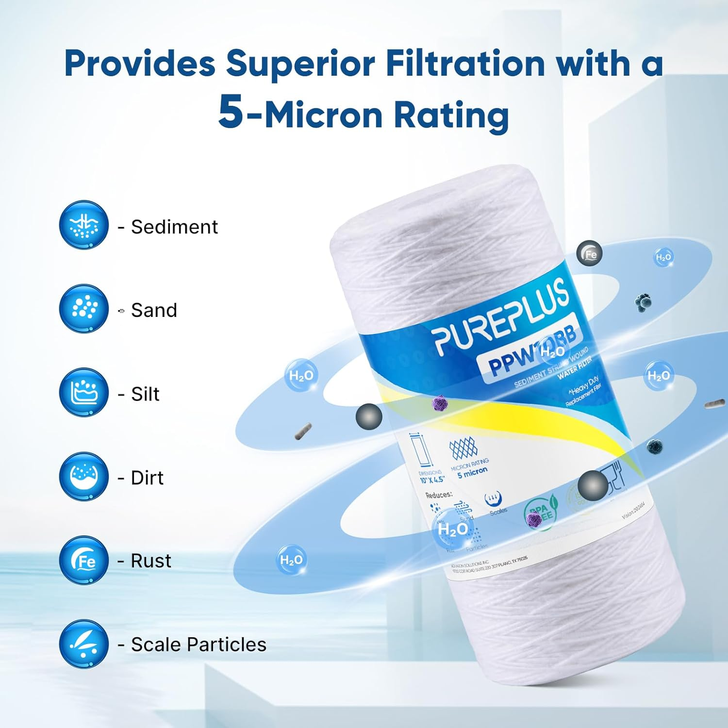 PUREPLUS 5 Micron 10 X 4.5 Whole House String Wound Sediment Filter for Well Water, Replacement Cartridge for 84637, WPX5BB97P, PC10, 355214-45, 355215-45, WP10BB97P, WP5BB97P, 2Pack image number 5
