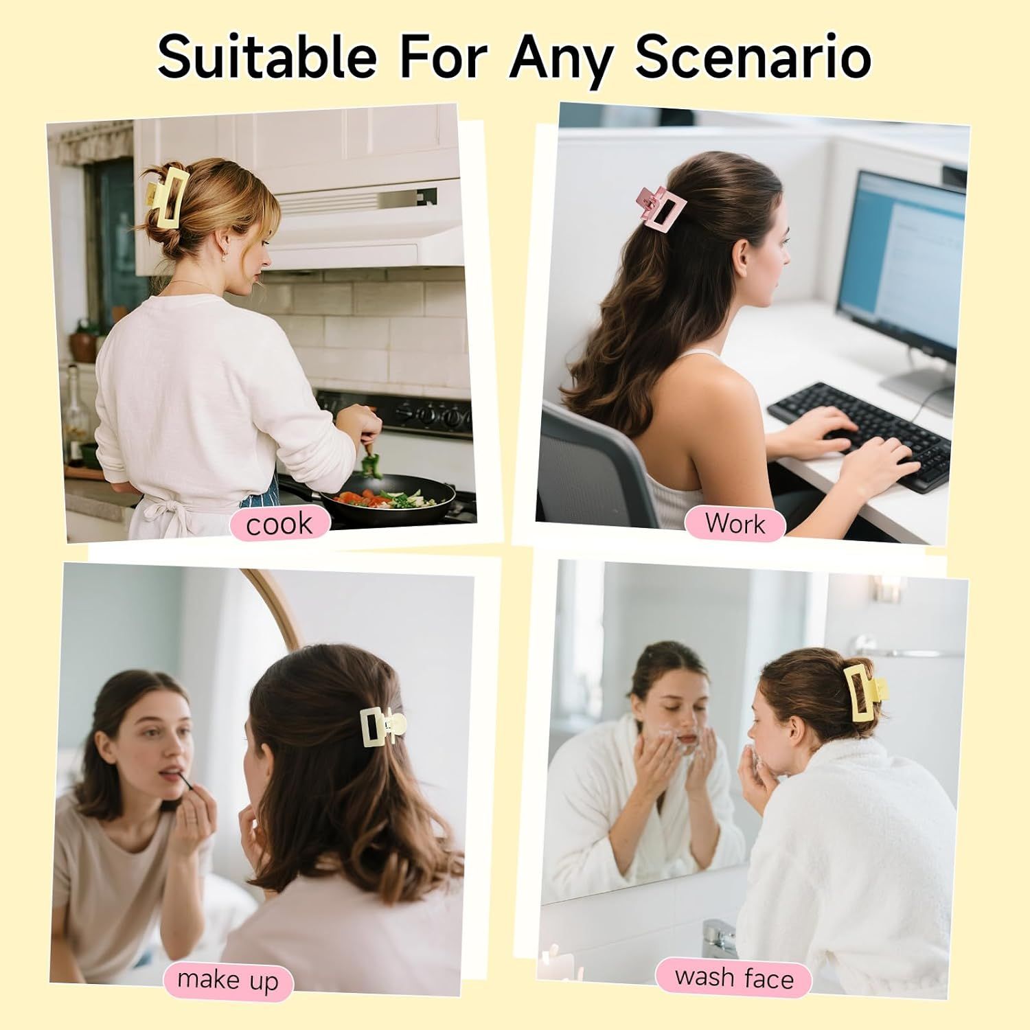 6 Pcs Matte Square Claw Clips Set for Women, Cute Pastel Yellow Pink & White Hair Clips &ndash; Non‑Slip Small and Medium Rectangular Hair Claw Clips, French Style Hair Accessories for Women