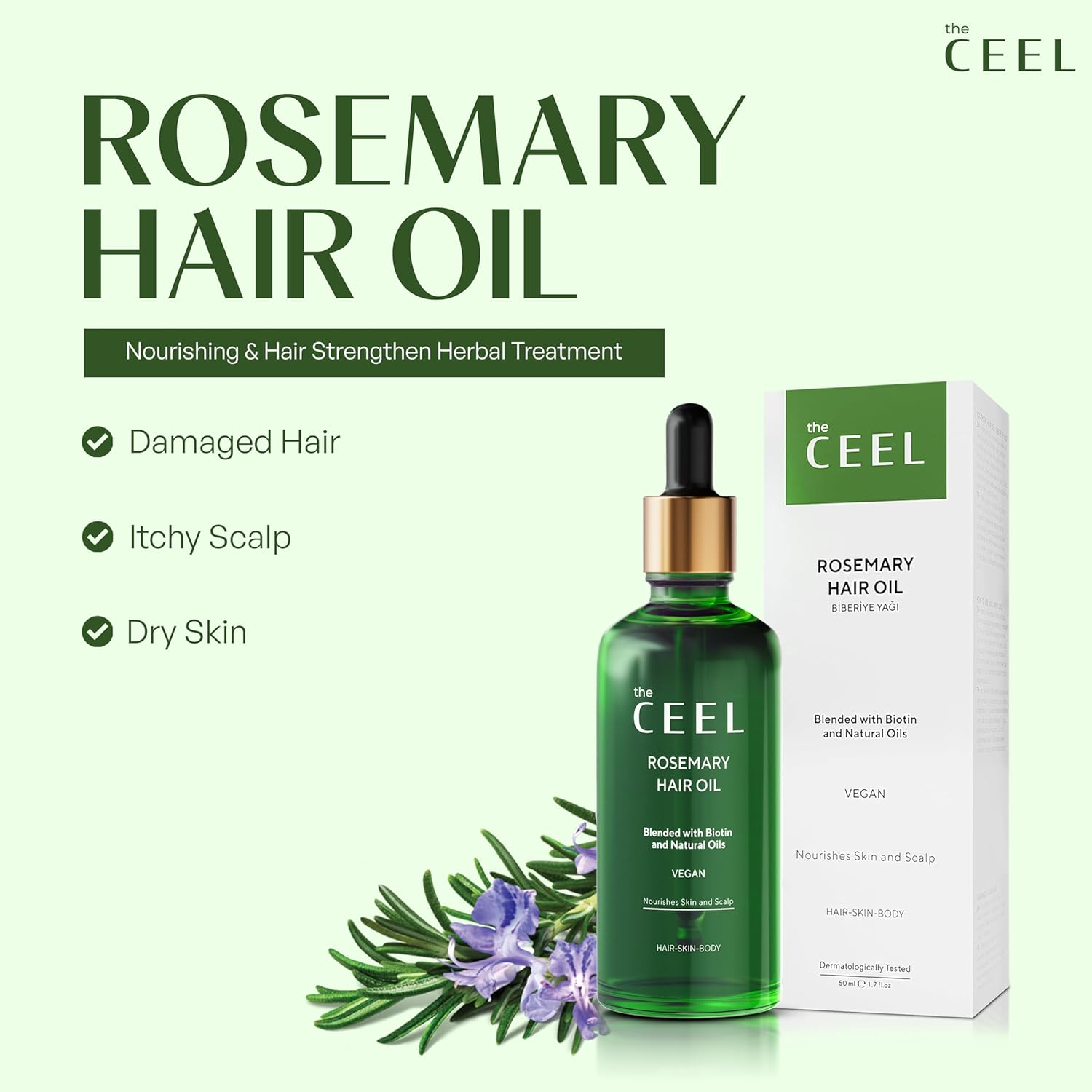 The Ceel Rosemary Hair Growth Oil with Dropper - Nourishing & Strengthening Vegan Formula for Damaged Hair, Itchy Scalp, Dry Skin, Eyelashes & Eyebrows - Biotin, Castor & Jojoba - 50 ML