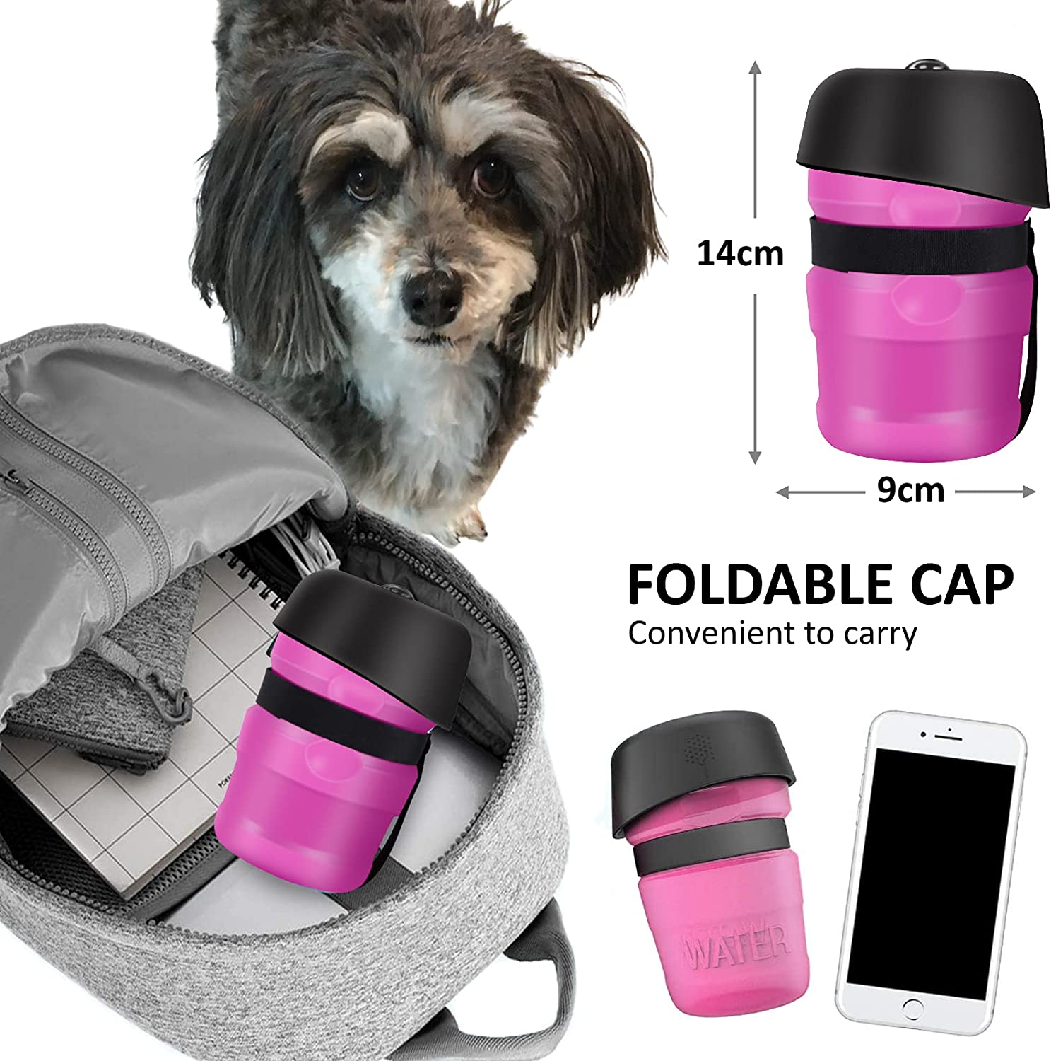 Pet Water Bottle, Folding Silicone Lid/Bowl, Food Grade, Travel Water Bottle, Dog Water Bottle (Pink) image number 2
