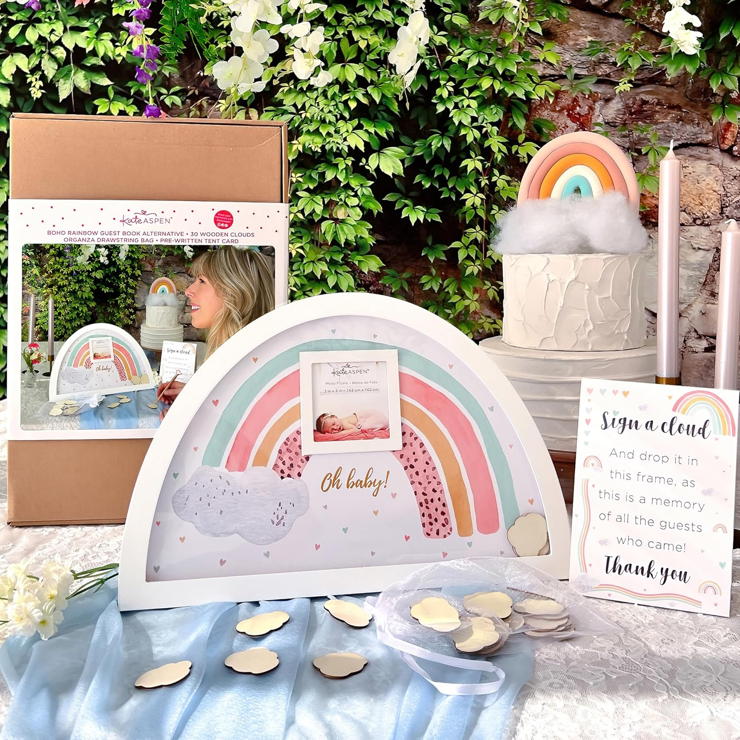 Kate Aspen Boho Baby Shower Guest Book Alternative Rainbow Frame with 30 Wooden Clouds, Frame for Sonogram Picture, Rainbow Baby Shower Decorations & Keepsake, Nursery Decor - Oh Baby image number 6