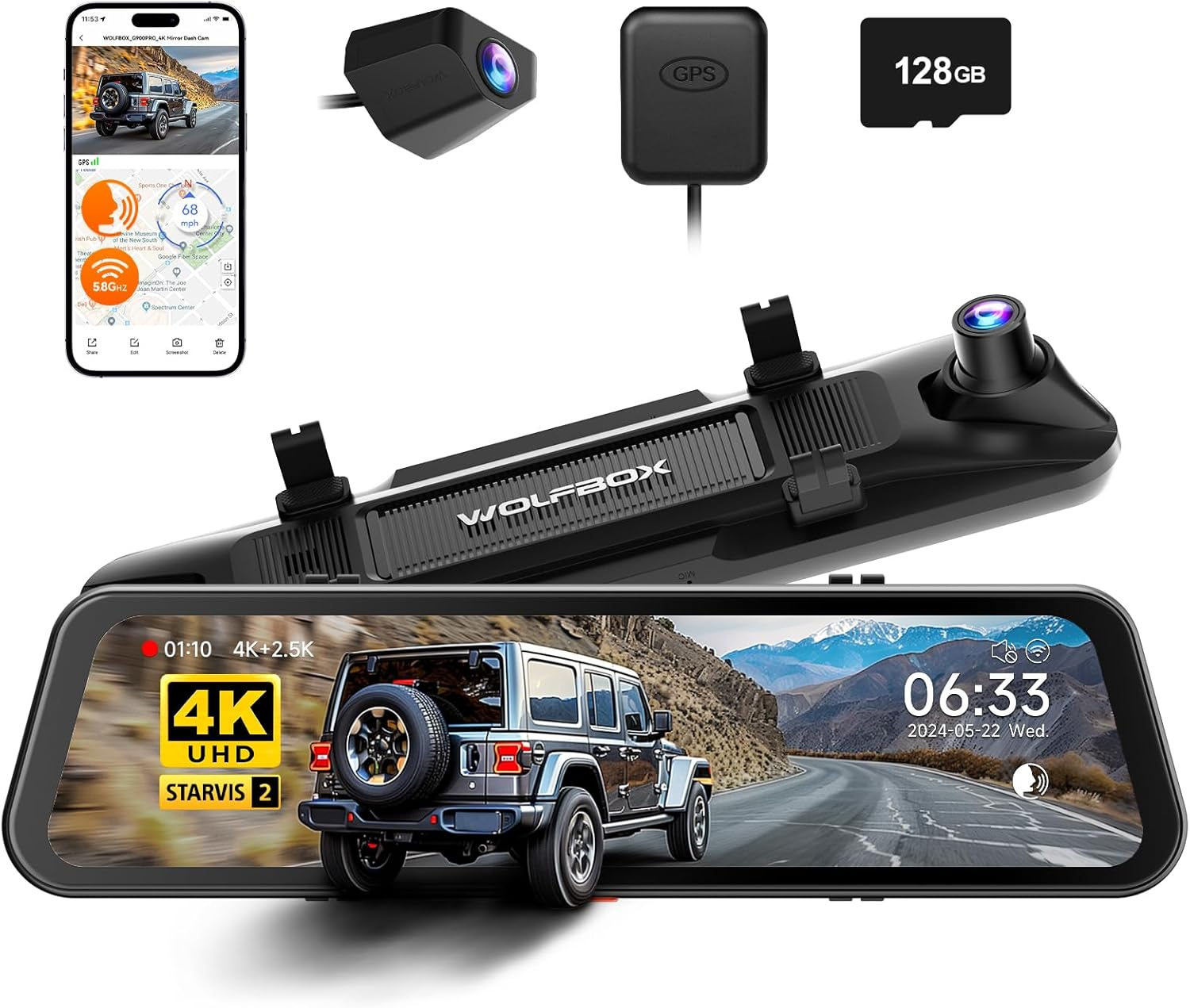 WOLFBOX G900 PRO, 12-Inch Mirror Dash Cam with STARVIS 2 IMX678, Front 4K and Rear 2.5K Recording. Includes a 128GB Card, Voice Control, 5.8Ghz Wifi, Loop Recording, G-Sensor & GPS image number 4