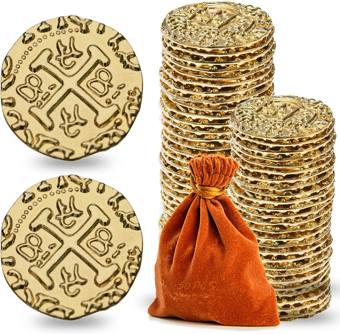 Metal Pirate Coins, Prefdo 100PCS X Large Gold Treasure Coin Set Spanish Doubloon Replicas Fantasy Metal Coins Pirate Gold Coins Tokens for Board Games Pirate Party Cosplay