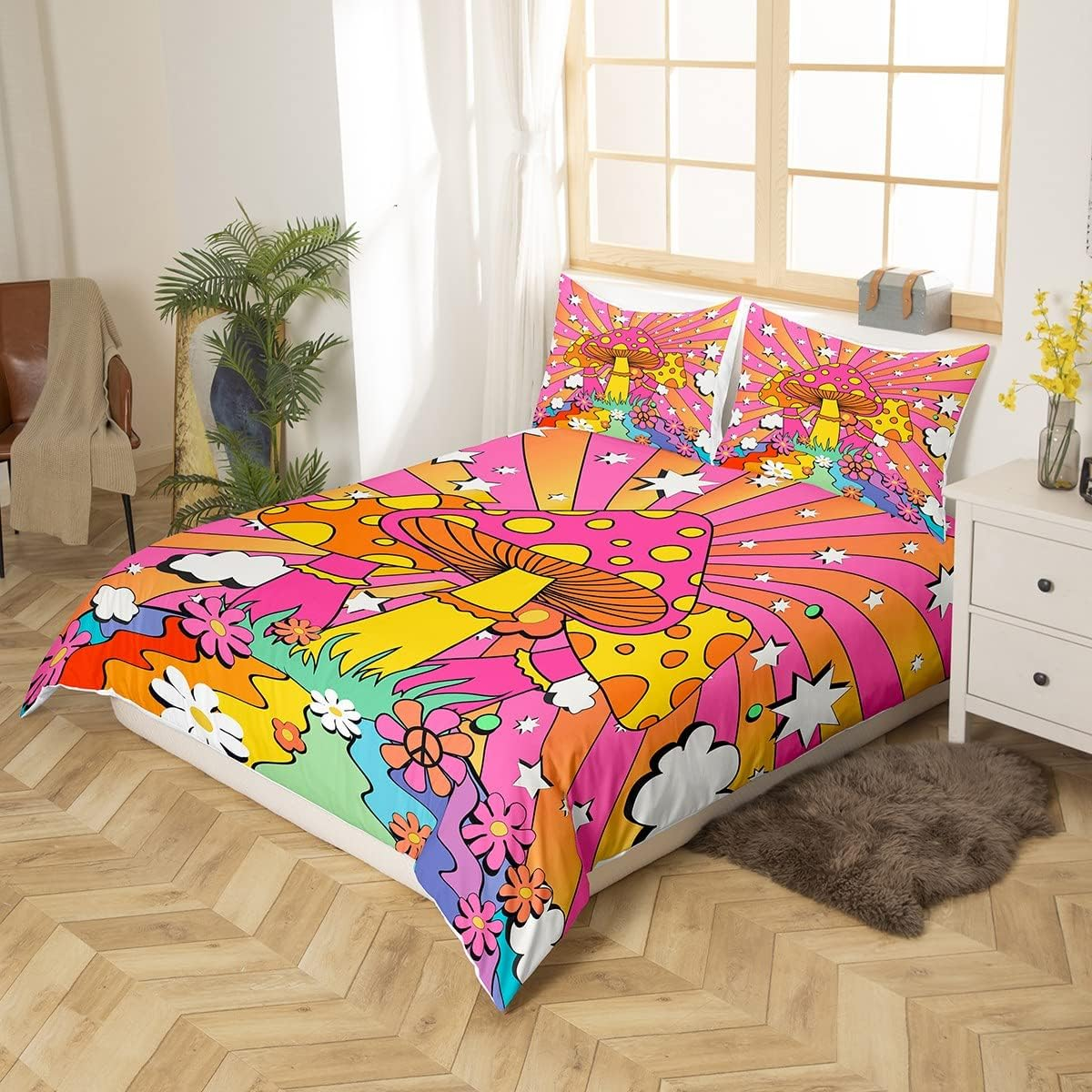 Hippie Mushroom Duvet Cover Set Single Size, Stars Peace Symbol Flowers Print Comforter Cover for Children Boys Gift, 70S Rainbow Stripes Groovy Bedding Set with 1 Pillowcase image number 2