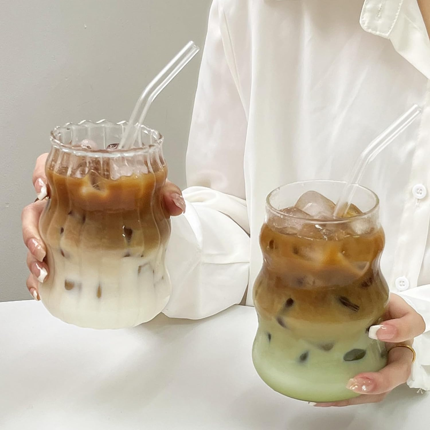 Vintage Ribbed Glass Drinking Cups, Wave Design, 530ML Capacity, 2 Pack Set for Coffee, Tea, Juice, Cocktails, Clear Glass with Curved Shape, 12.5Cm Height image number 5