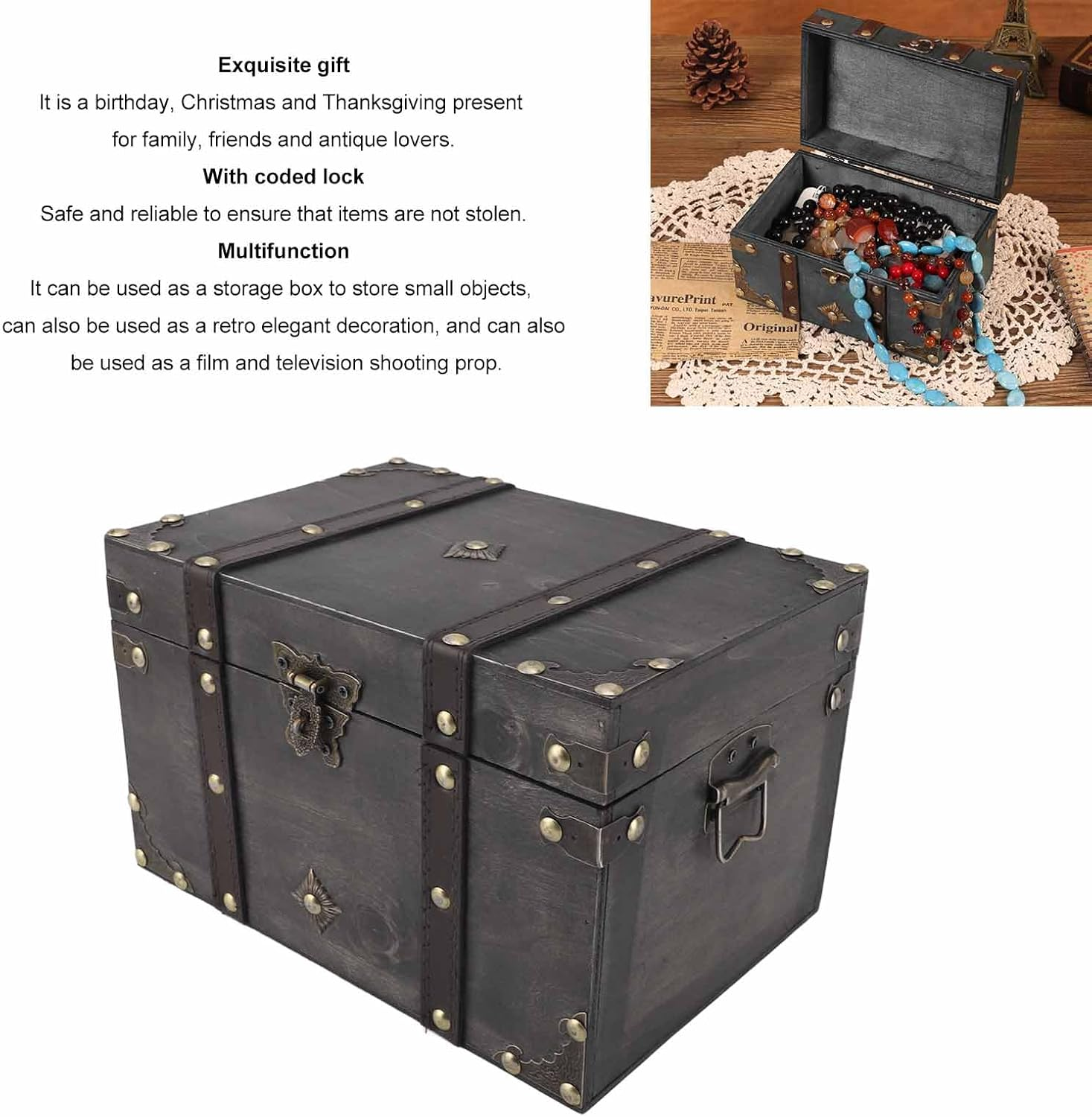 Vintage Wooden Boxes with Lock - Pirate Treasure Chest with Iron Code Lock - Wooden Storage and Decorative Box Treasure Jewelry Chest - Small Wood Box with Lid (Red Coded Lock) image number 3