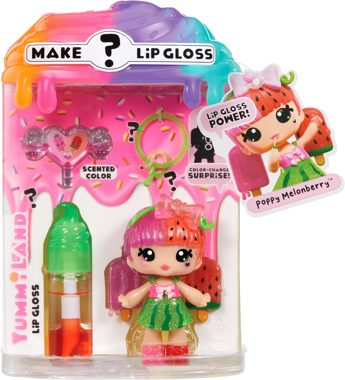 Yummiland Lip Gloss Doll: Mystery Color Change - Poppy Melonberry Includes DIY Lip Gloss + Removable Keychain, Cosmetic Play, Collectible, Ages 4+
