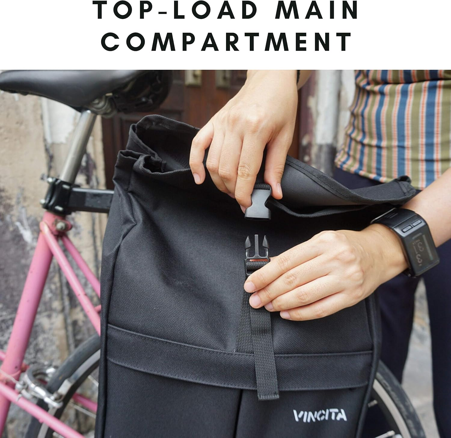 Vincita New Top Load Double Pannier Water Resistant Cycling Side Bags - with Rain Cover, Large, Carrying Handle, Reflective Spots - Bike Rack Carrier Saddle Bag - Bicycle Accessories (Black/Turquoise) image number 2