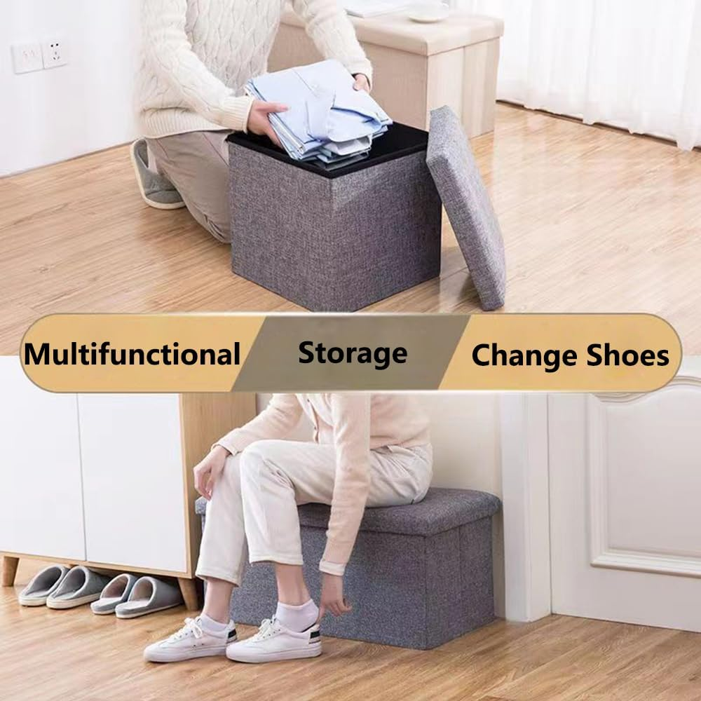 Hbluefat Folding Storage Ottoman Bench Footrest Seat Chest Coffee Table Toy Box for Living Room Hallway,Linen-Look Fabric (Grey, 55L) - Beige image number 6