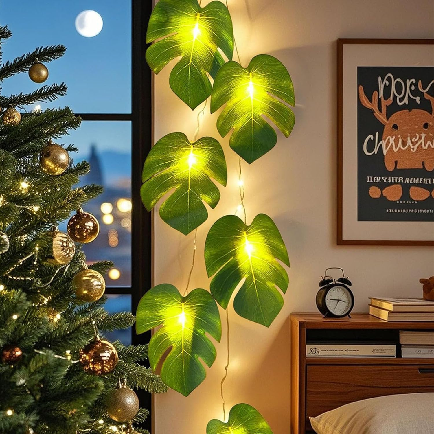 Foanlerck Fairy Lights Palm Leaves 1.5 M 10 LED Monstera Leaf Fairy Lights Battery Operated Tropical Artificial Rattan Palm Leaves for Room Beach Party Decoration image number 2