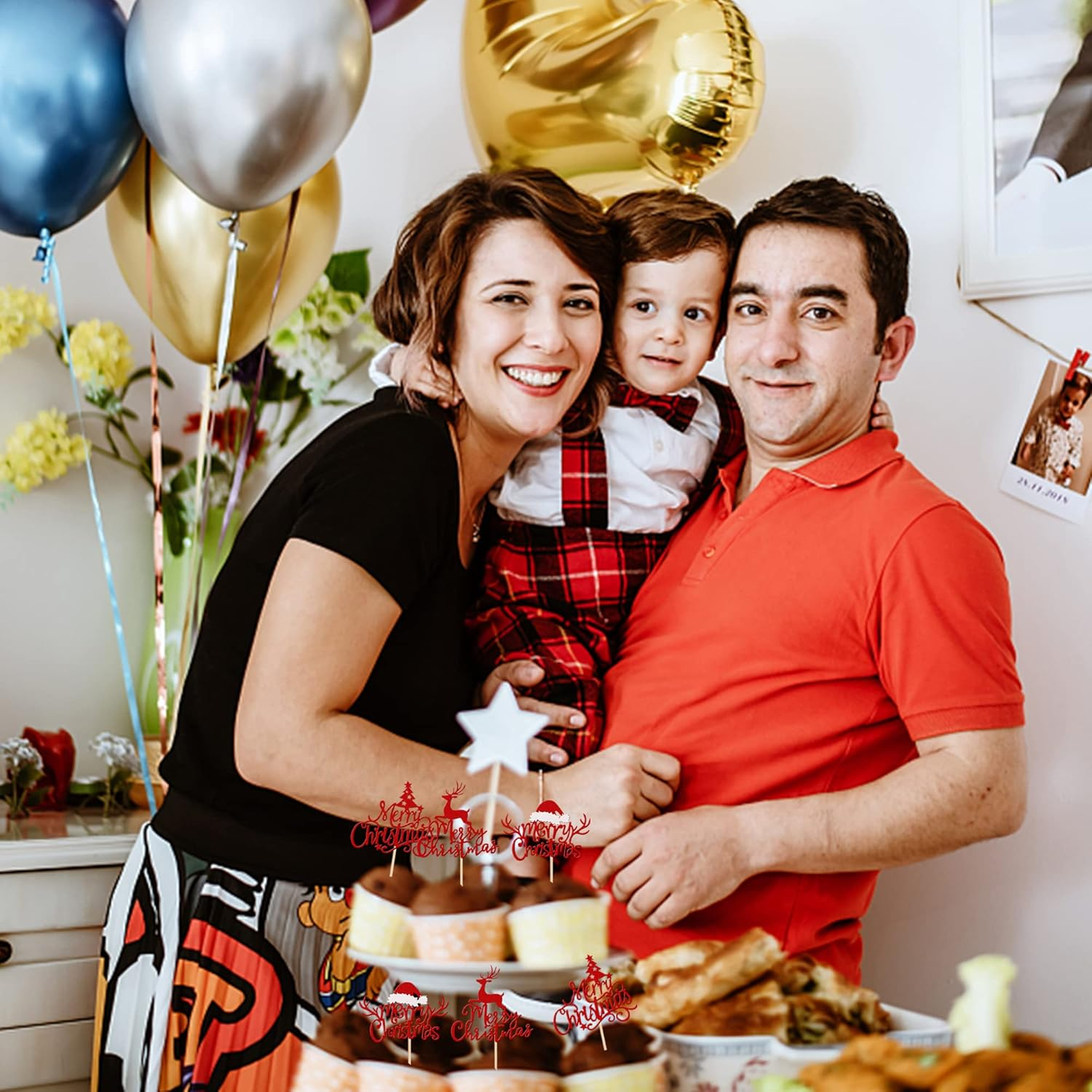 24 Pack Merry Christmas Cupcake Toppers Glitter Xmas Tree Santa Hat Deer Christmas Cupcake Picks Decoration for Winter Christmas Theme Xmas Holiday Birthday Party Supplies Red image number 4