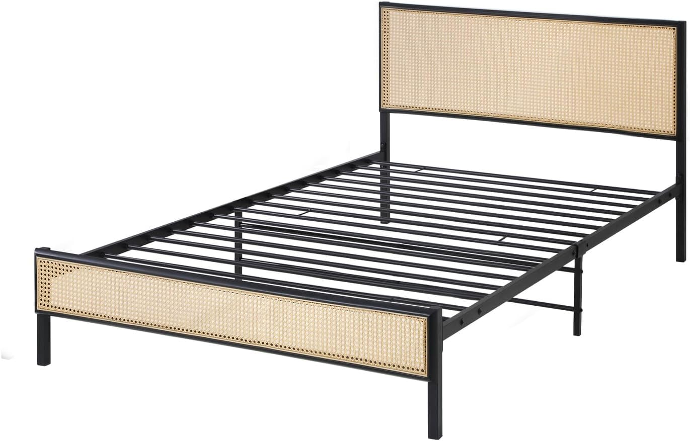 Oikiture Single Bed Base with Rattan Headboard and Steel Slat Single Bed Frame Mattress Platform Black image number 1