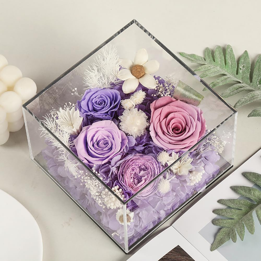FIZOZI Eternal Rose Acrylic Cube - 15Cm Preserved Floral Women | Anniversary, Birthday, Valentine'S Day | 5 Colors (Red/Pink/Blue/Purple/Yellow) with Gift Box