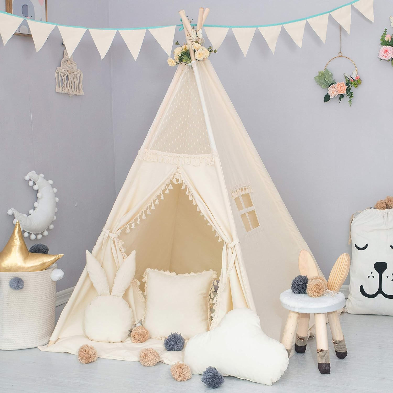 Kids Teepee Tent with Padded Mat, Banner, Fairy Lights, Yarn Ball, Carry Bag, Beige Cotton Canvas Play Tent for Child with Tassels Lace, Play House Tipi for Kids Room Decor image number 4
