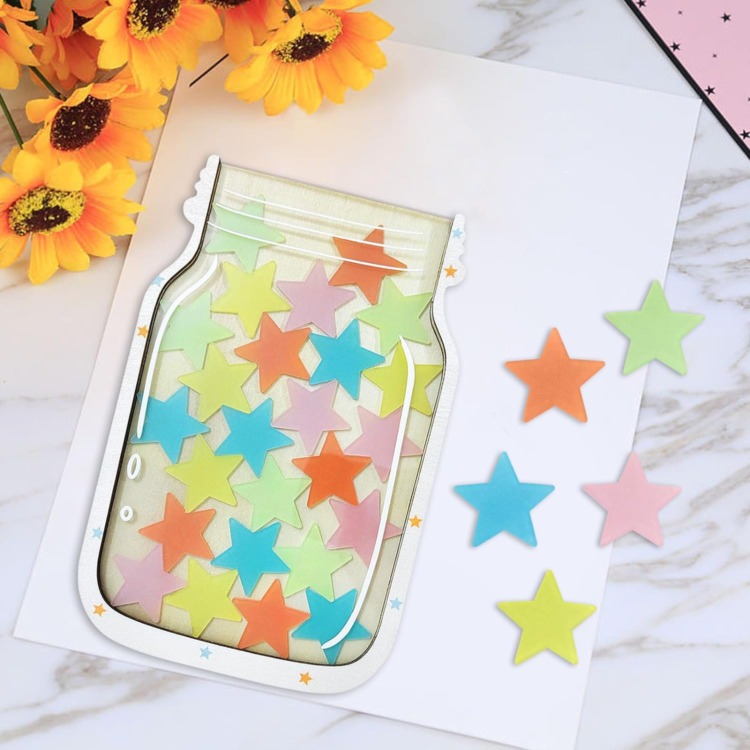 Personalized Pastel Stars Reward System, Incentive Jar for Classroom Responsibility, Children'S Reward with Standing Wooden Base and Linen Pocket for Home School Teacher Parent image number 4
