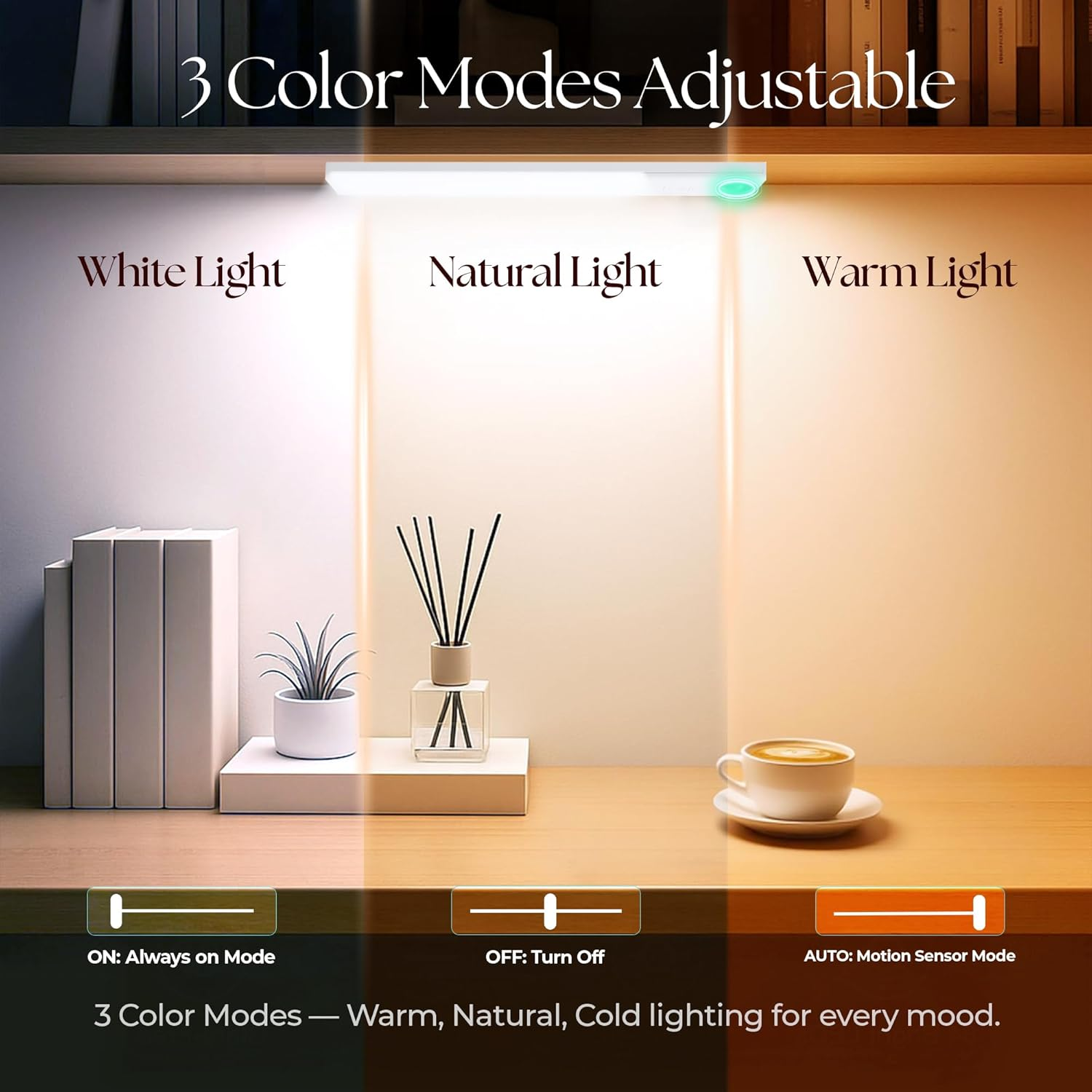 Operley Rechargeable under Cabinet Lighting 3 Pack with Charging Station, Motion Sensor LED Light Bars,1200Mah, 3 Color Temps Warm Cold Natural, Dimmable for Kitchen & Closet image number 5